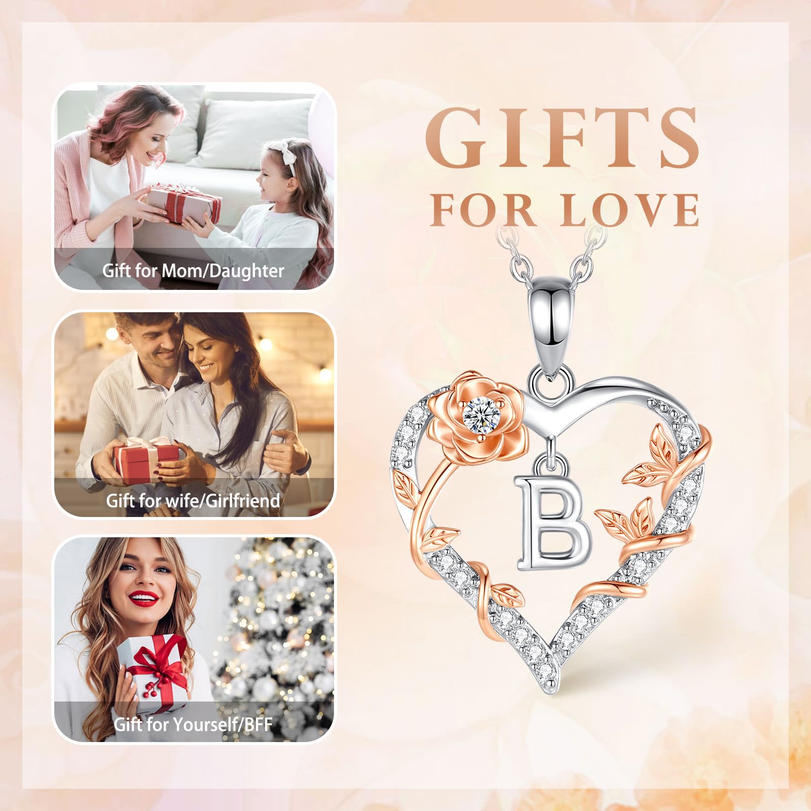 EUDORA Harmony Ball Collana con iniziali a Cuore Rosa per Donne, Lettera dalla A alla Z Collane con Iniziali dell'Alfabeto in Rame Placcato in Rodio Iniziali con Ciondolo Regali di Gioielli, 18"