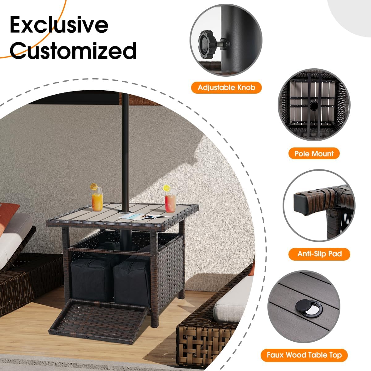 Sundale Outdoor Umbrella Stand with 2 Weight Bags, Patio 22 in Wicker Side Table with Umbrella Hole, All Weather Small Rattan Umbrella Base for Deck Yard Poolside Porch, Brown