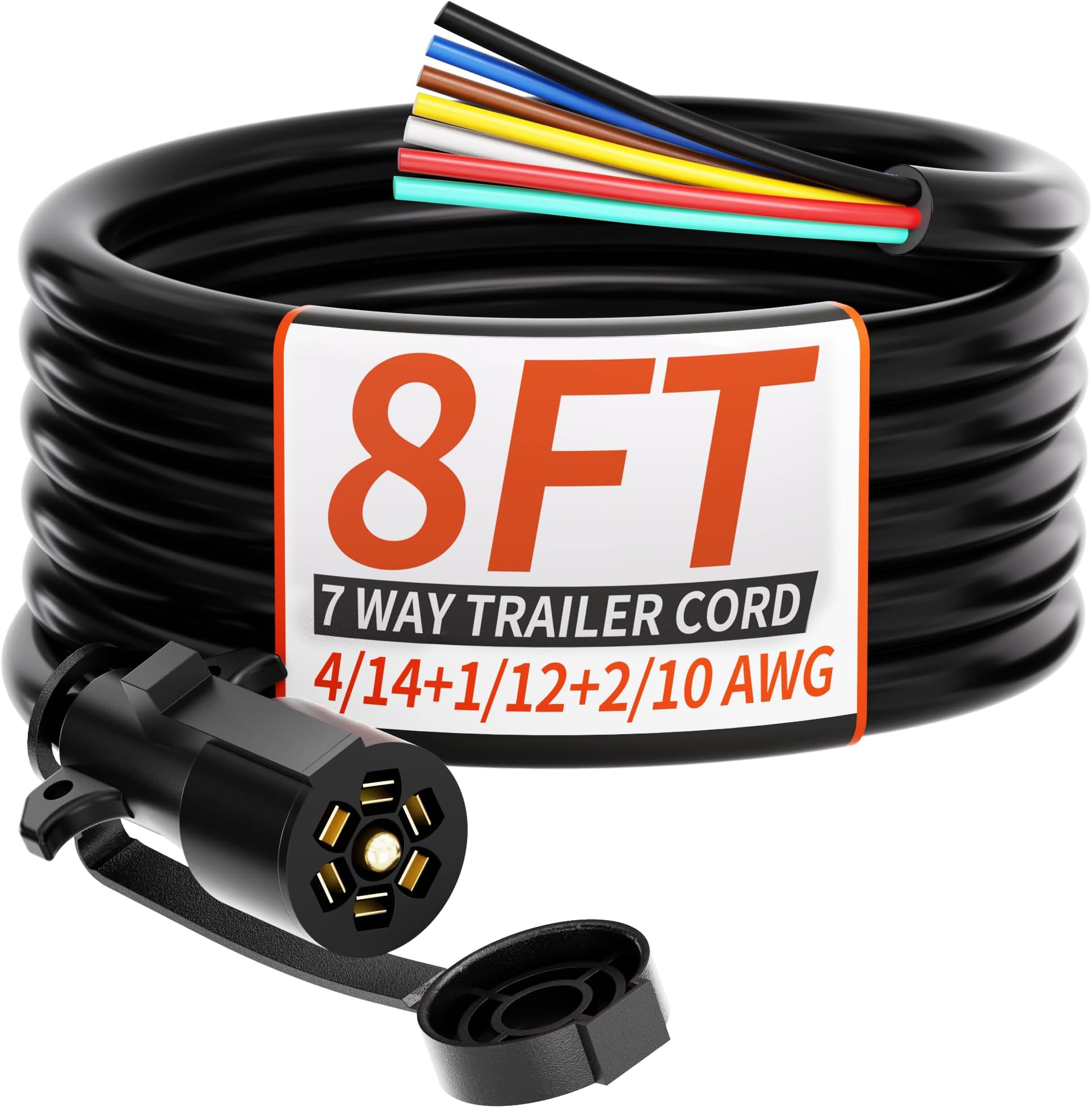 8FT 7 Way Trailer Plug Heavy Duty 8 FT 4/14+1/12+2/10 AWG 7 Pin Trailer Wiring Harness Cord for Trailers, Campers, Food Trucks, Dining Trucks, Caravans, RVs and Other Towing Vehicles