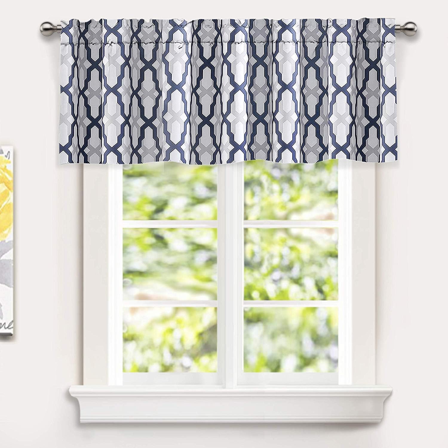 DriftAway Mason Geometric Trellis Pattern Window Curtain Valance Rod Pocket 52 Inch by 18 Inch Plus 2 Inch Header Navy