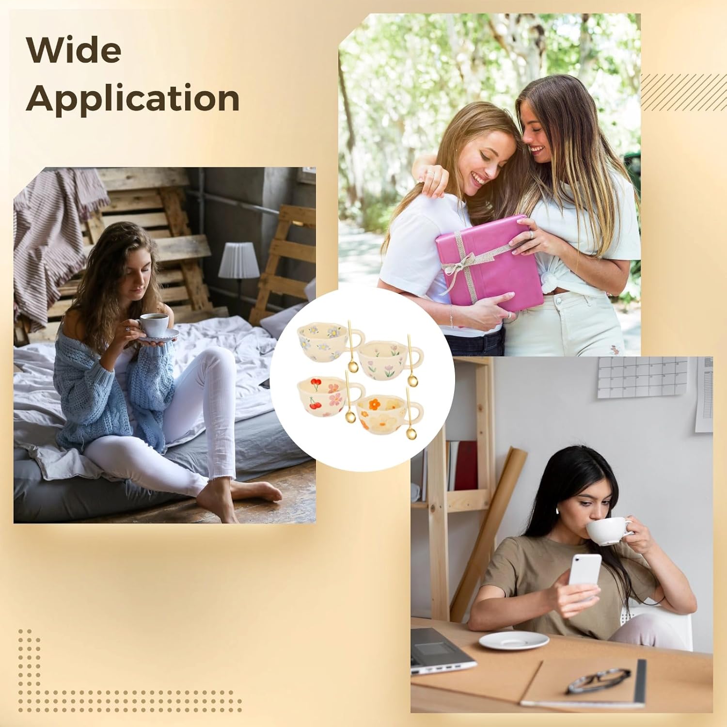 Homaisson Set of 4 Flower Ceramic Coffee Mugs, 8 OZ Floral Tea Cup Set with Spoons, Cute Cappuccino Cups Set, Porcelain Espresso Cups for Mocha Latte, Dishwasher Microwave Safe - Image 5