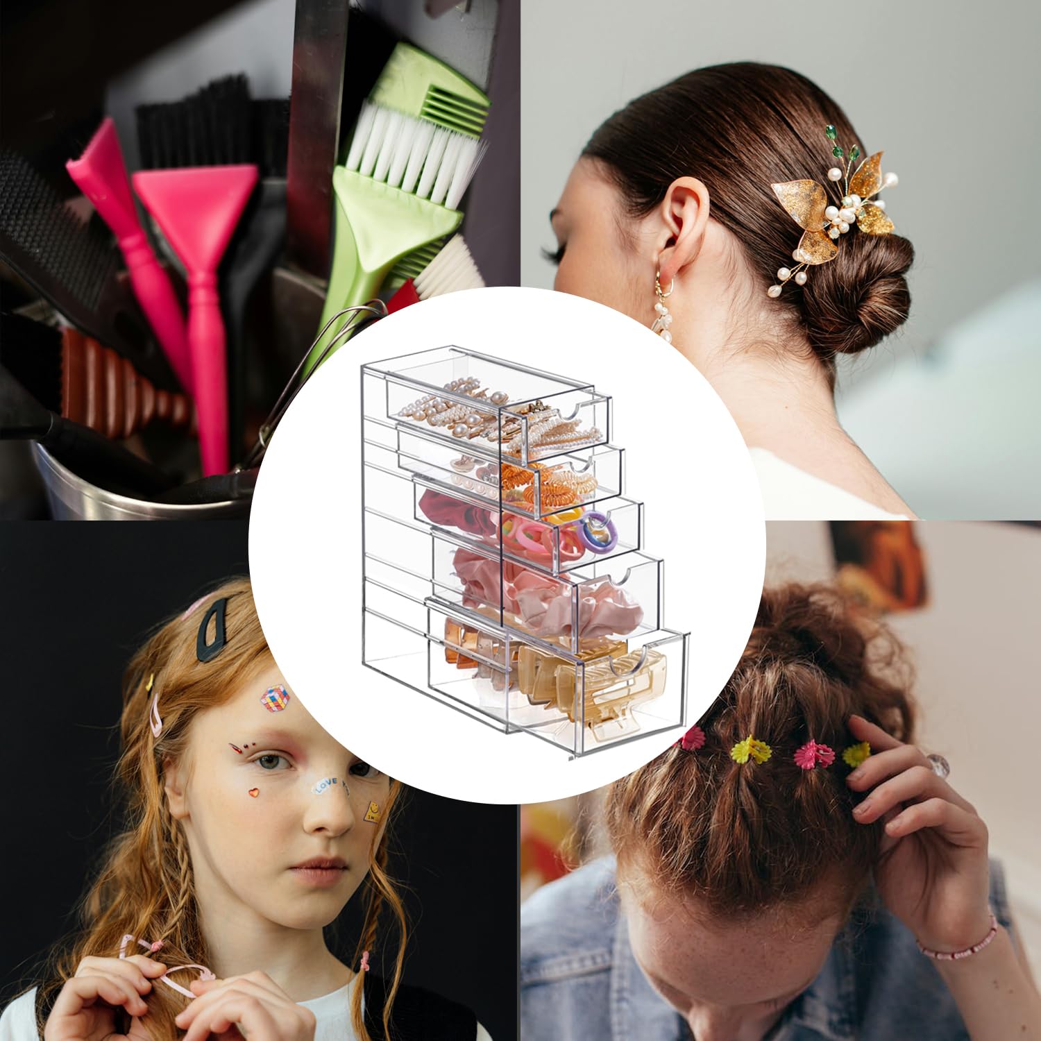 Clear Hair Accessories Storage Drawer Hair Tie Storage Organizer Acrylic Makeup Organizer Jewelry Organizer Scrunchie Holder with 5 Drawers for Bathroom Closet Desk Office Vanity, Undersink