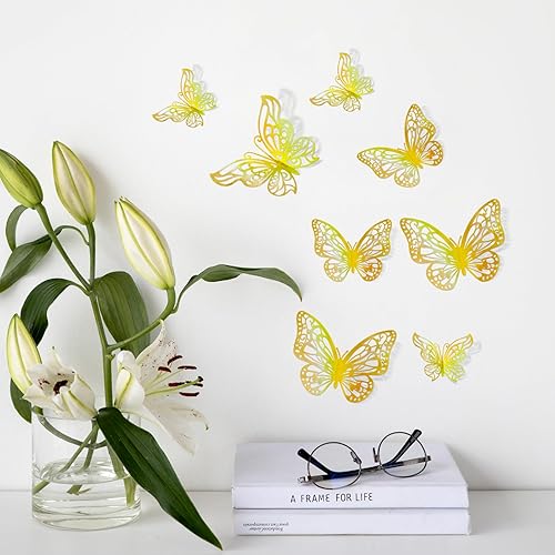 Miniatura 5 de 72 piezas de decoración de pared de mariposa dorada láser 3D, 3 estilos, 3 tamaños, calcomanías de pared de mariposa metálicas, mural de habitación,