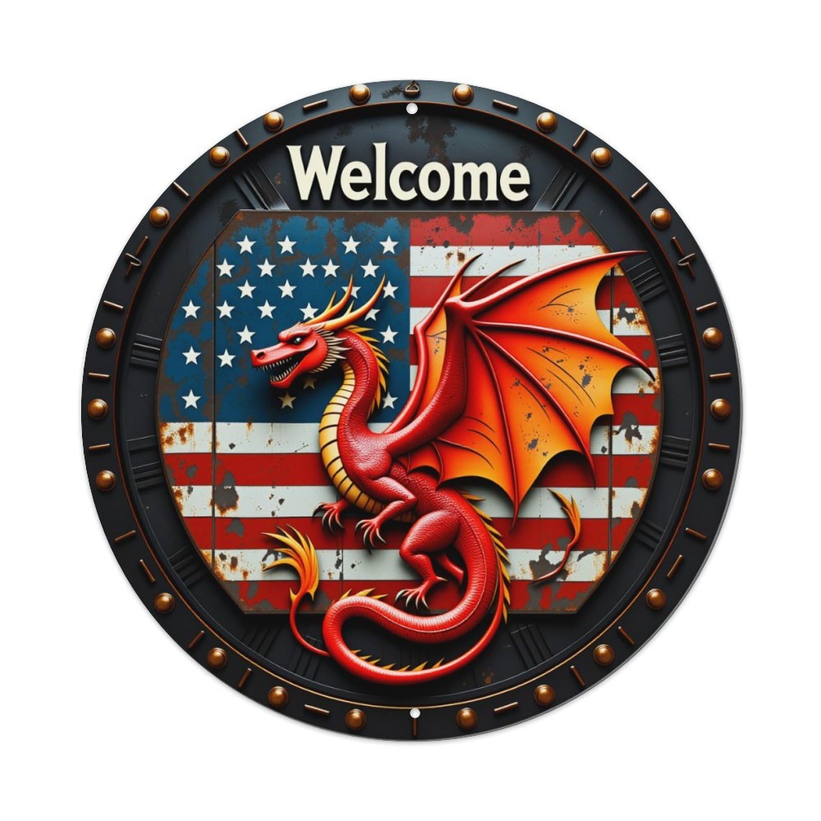 Lzwbntey Vintage Dragon American Flag Welcome Emblem Design Metal Tin Sign Retro Wall Decor For Home Bar Garage Cafe, Indoor & Outdoor Decorative，Circle Metal Poster, 8X8 Inch