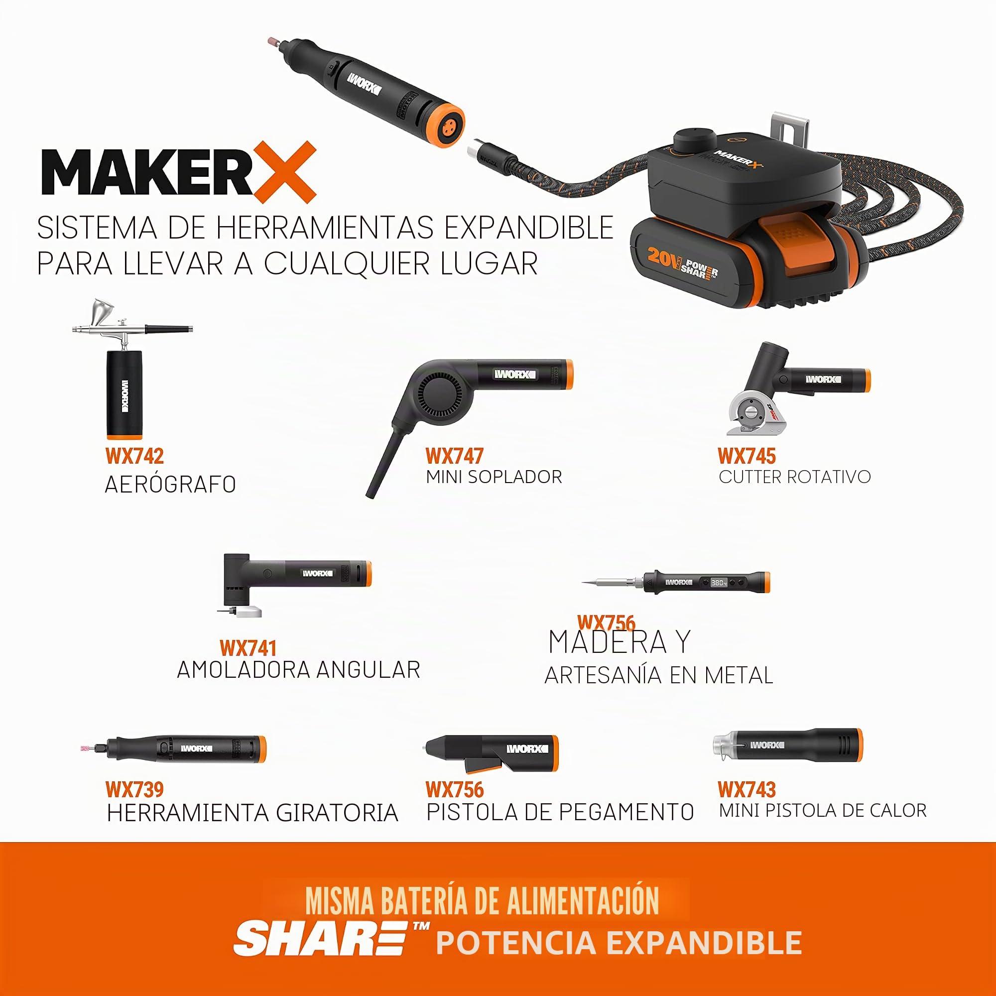 WORX Herramienta rotativa MakerX 20V | PowerShare | WX739.9 - Sin batería, ni cargador | kit de 20 accesorios | 20 accesorios, velocidad de 5.000 a 35.000 rpm y accesorios estándar compatibles