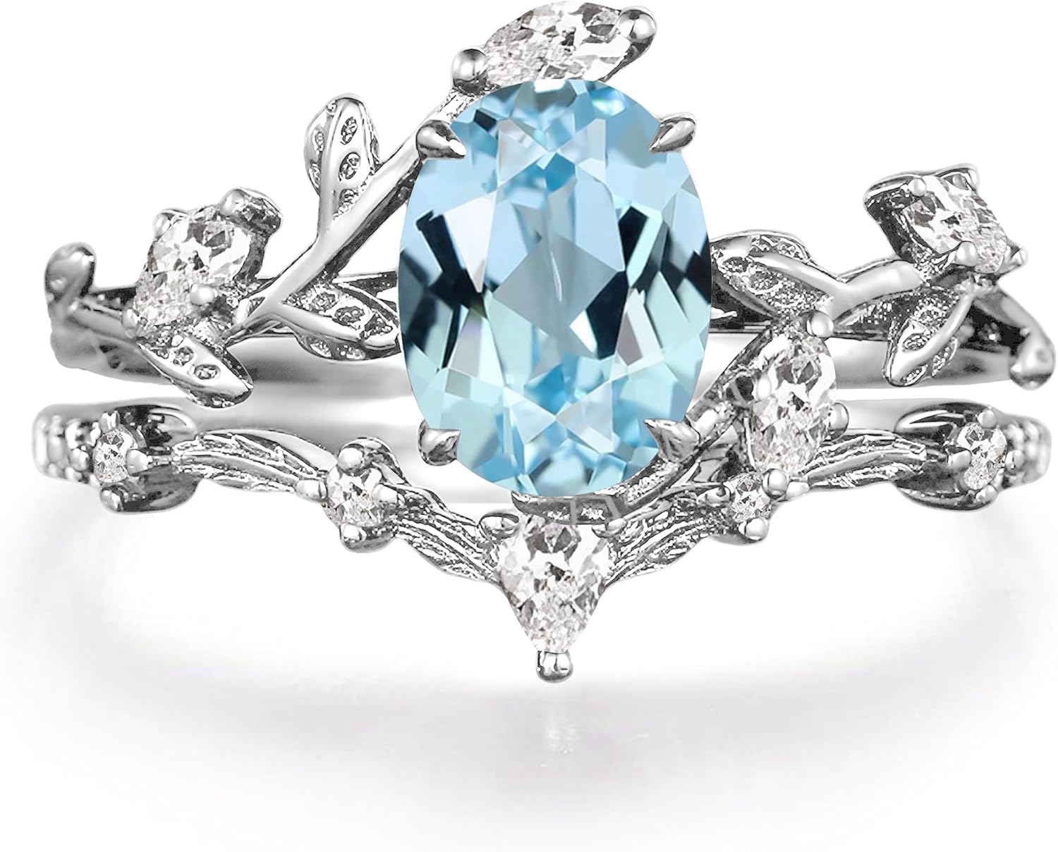 2Carats Oval Cut Gemstone Leaf Design Ring Set for Women/Wife Birthstone Art Deco Wedding Band 10K 14K 18K Gold Engagement Ring for Anniversary Birthday Christmas Custom Gift