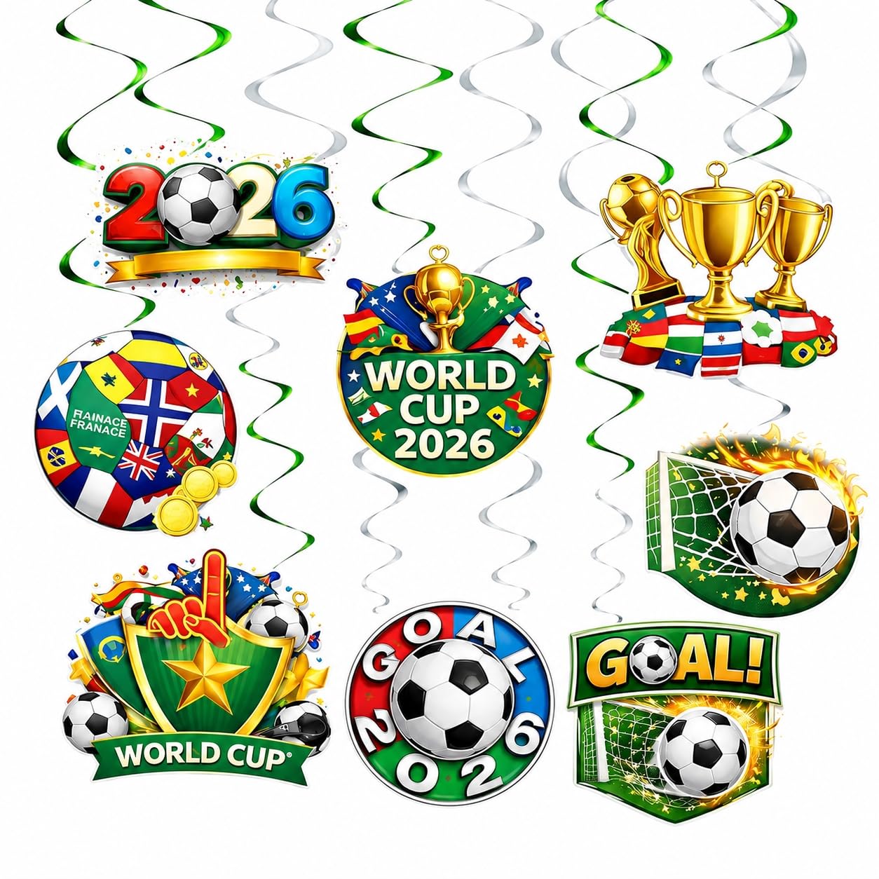 8 Pcs World Football Party Hanging Swirls Decorations 2026, Fifa World Cup Hanging Garland, Streamers Garland for 2026 World Cup Football Birthday Party Bar Window Decorations