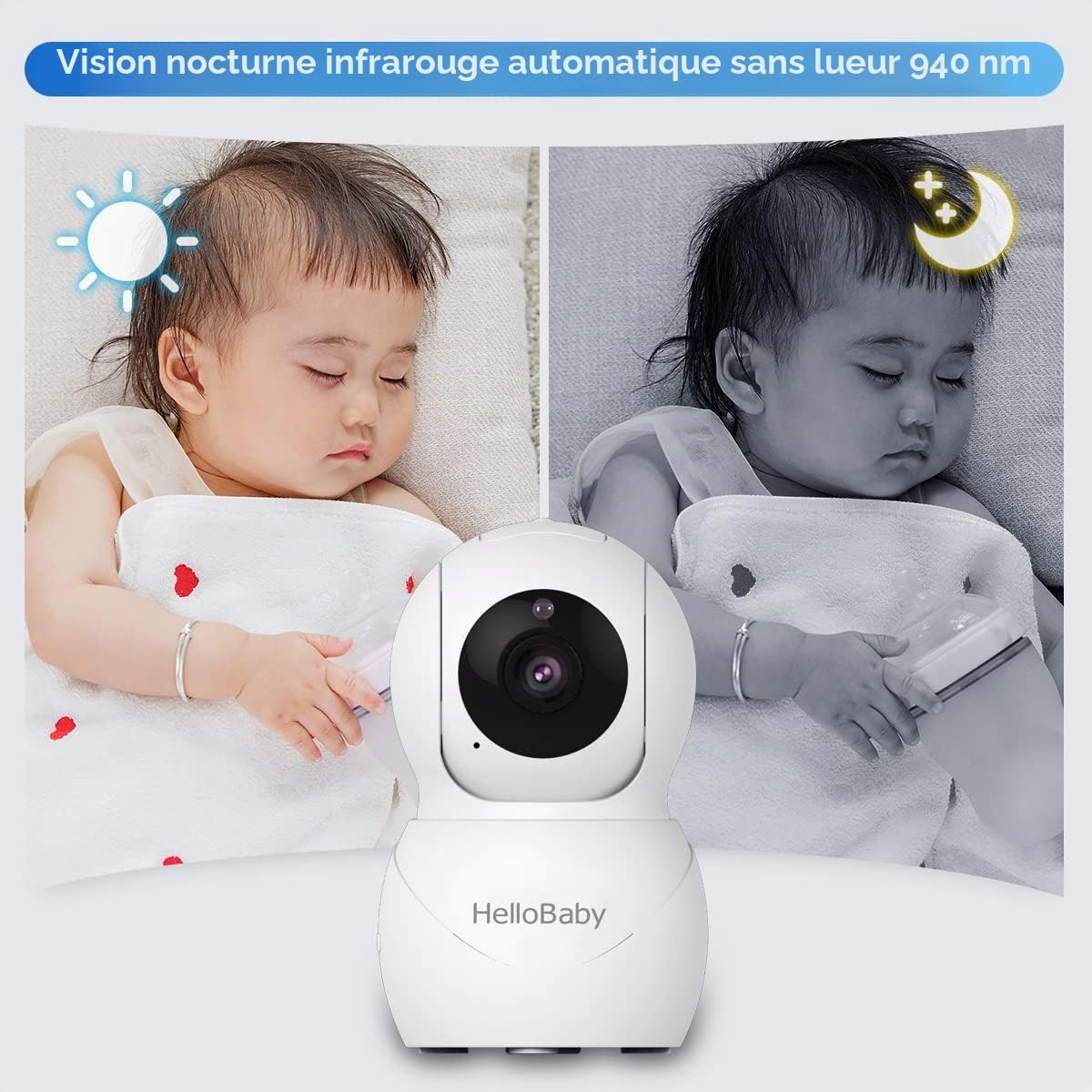 HelloBaby Babyphone Caméra Moniteur vidéo pour bébé avec 2 caméras et Audio, Conversation bidirectionnelle, Moniteur pour bébé, Vision Nocturne Infrarouge, Mode VOX