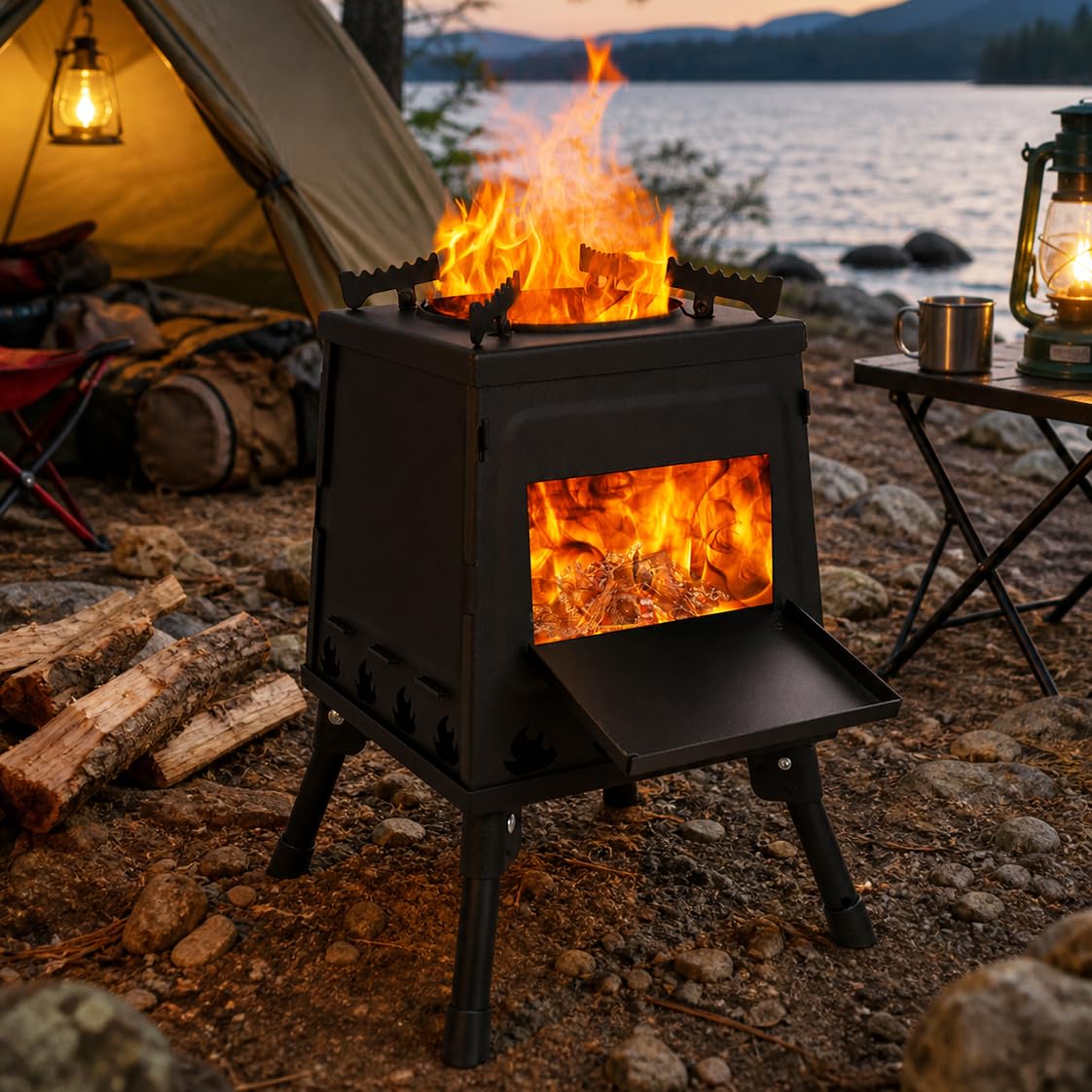 Camping Wood Stove, Portable Folding Cast Wood Burning Camp Stove