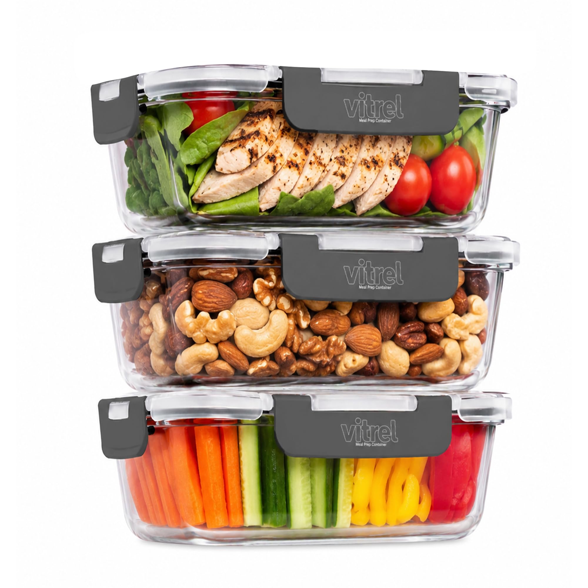 Vitrel 3 Pack Glass Containers with Lids, Durable Glass Tupperware - Airtight Glass Meal Prep Containers, BPA-Free Glass Storage Containers With Lids For Microwave, Oven, Freezer and Dishwasher