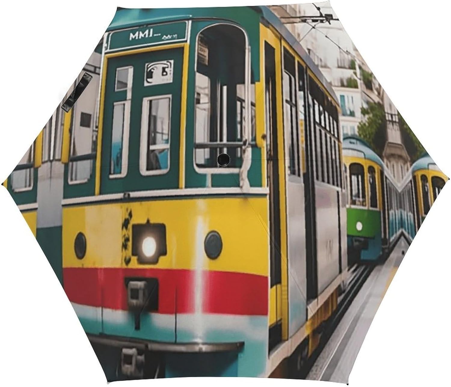 Lisbon Tram Printed Exterior 5 Fold Umbrella,Windproof Travel Umbrella for Sun Protection, Small Portable,Compact Umbrellas for Travel, Purse Or Backpack