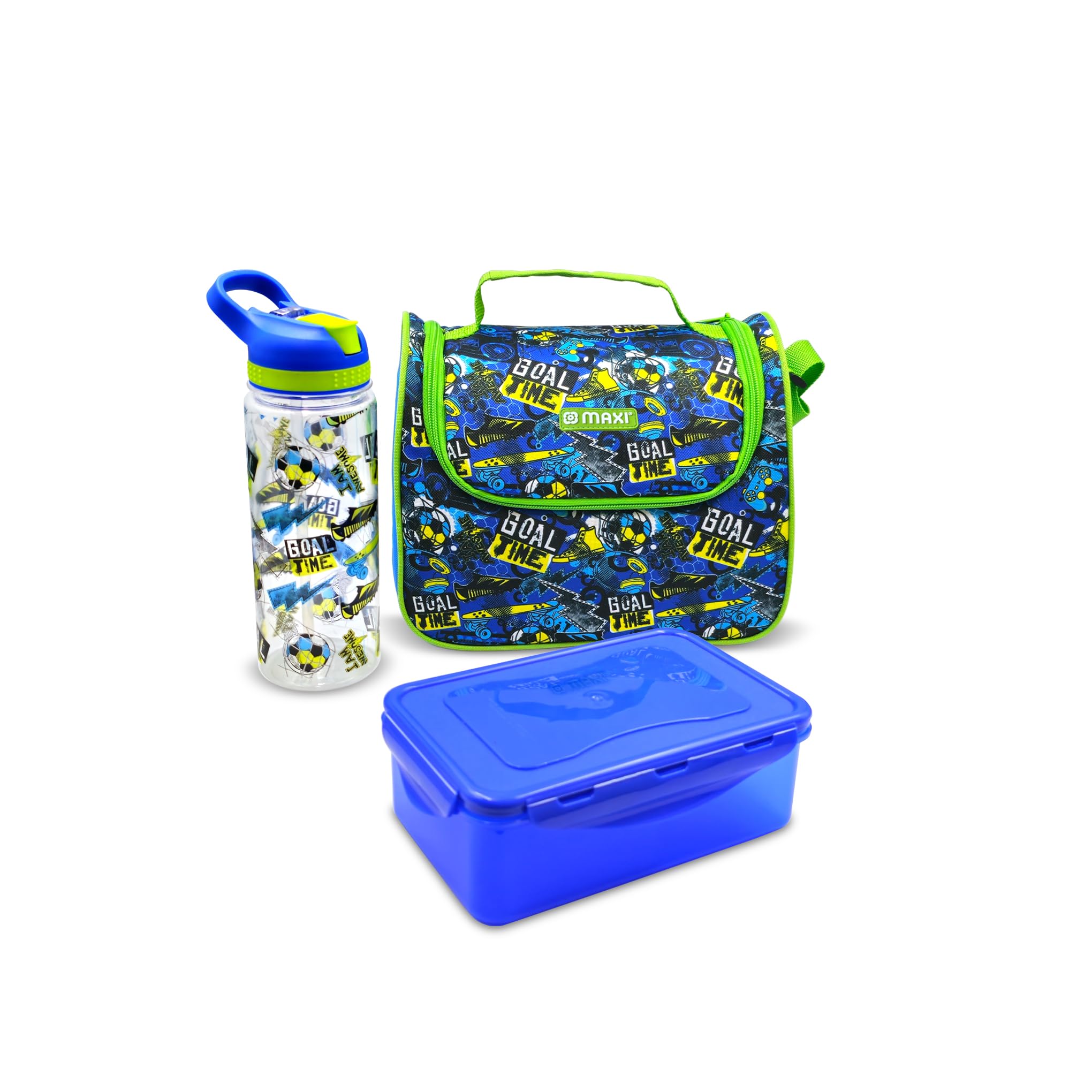 Maxi Insulated Lunch Bag + Reusable Lunch Box + Reusable Water Bottle for School, Office, Picnic Beach, Leakproof for Kids/Adults Blue.