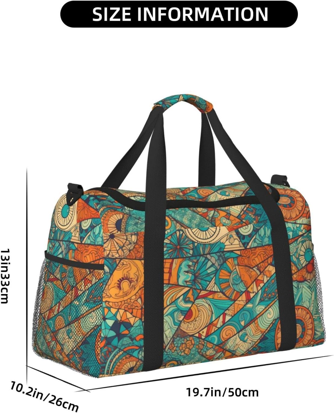 Hippie Patchwork Big Capacity Sports Gym Bag Portable Travel Duffle Bag, Vintage Elements Lightweight Weekender Workout Bag for Overnight, Unisex