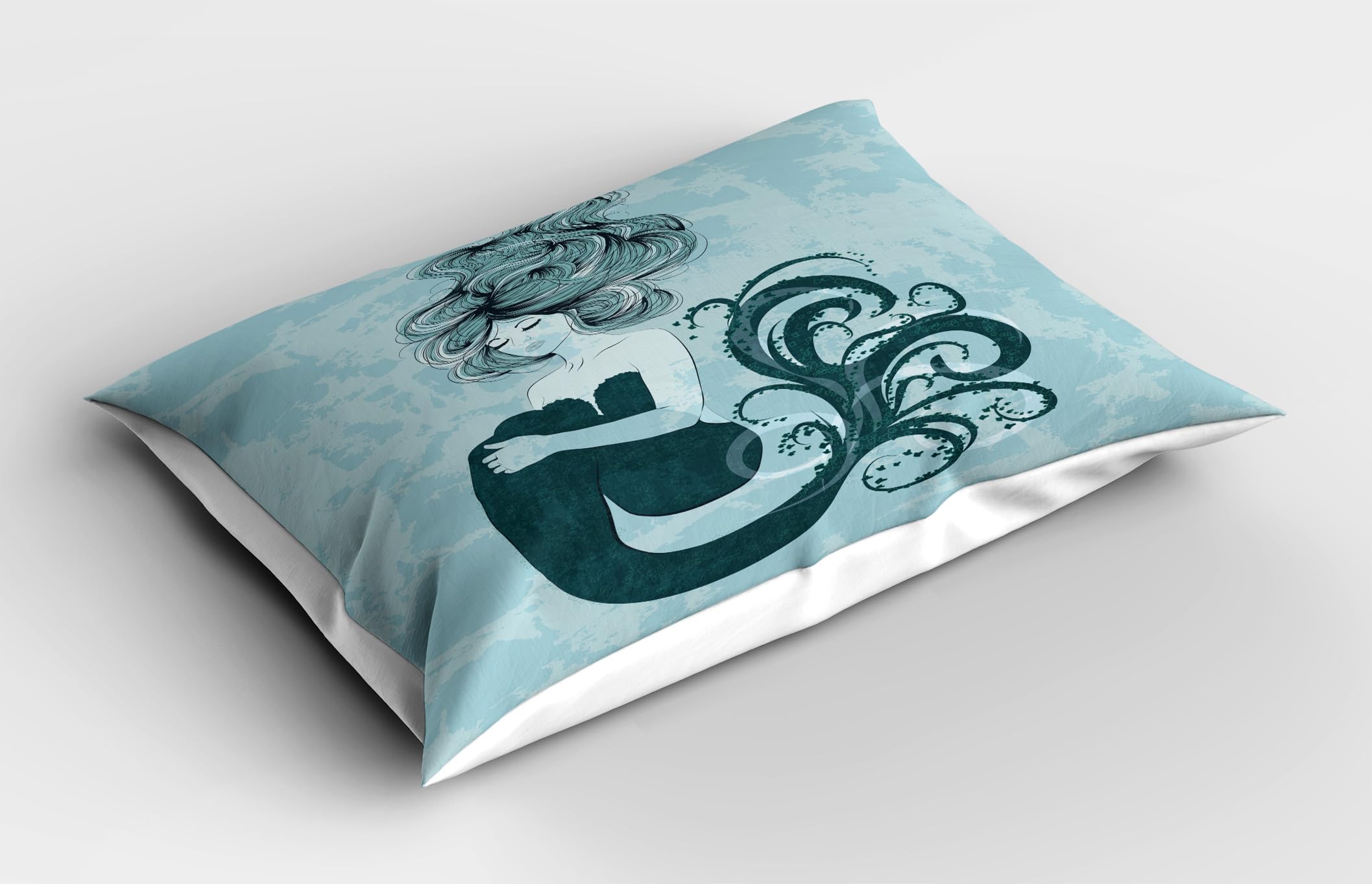 Ambesonne Mermaid Pillow Sham Set of 2, Sleeping Girl Design Wavy Hair Hand Drawn Effect Grungy Backdrop, Quality Microfiber Bedding Item for All Seasons, 26
