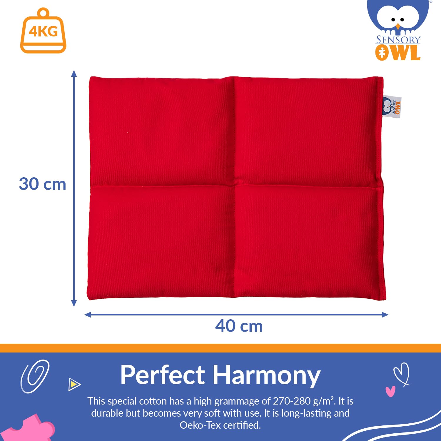 Sensory Owl Weighted Lap Pad For Kids And Adults Cotton Pillow To Relive Stress Anxiety Self-Calming Relaxing 4kg 30 x 40 cm Red - Image 4