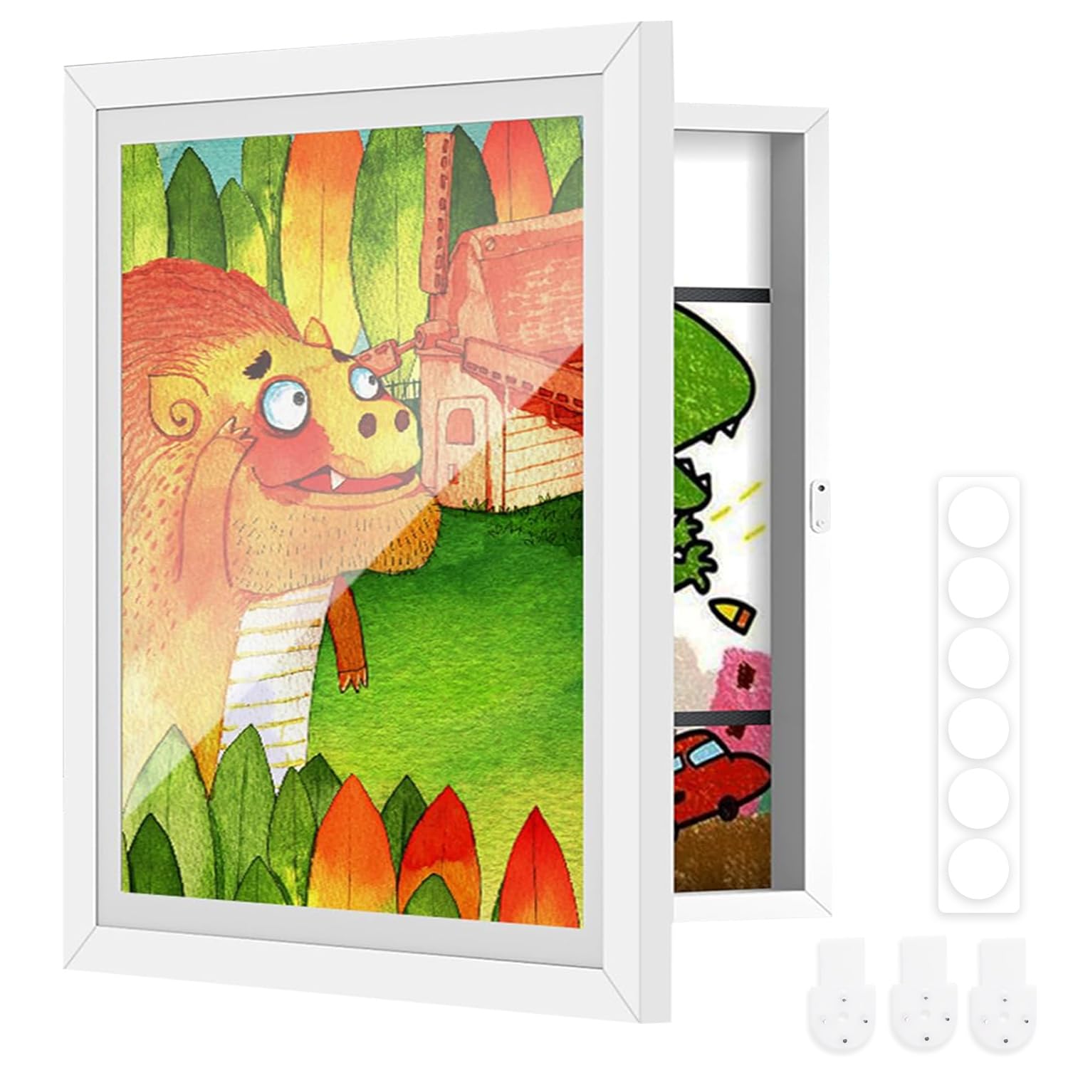 ABOUT SPACE Rectangular Kids Artwork Picture Frame-Front Opening Horizontal Vertical A4 Photo Frame With Shatter Resistant Glass For Wall With Storage & Wall Hook-Holds 110 Pcs (White,25.5 X 34 Cm)