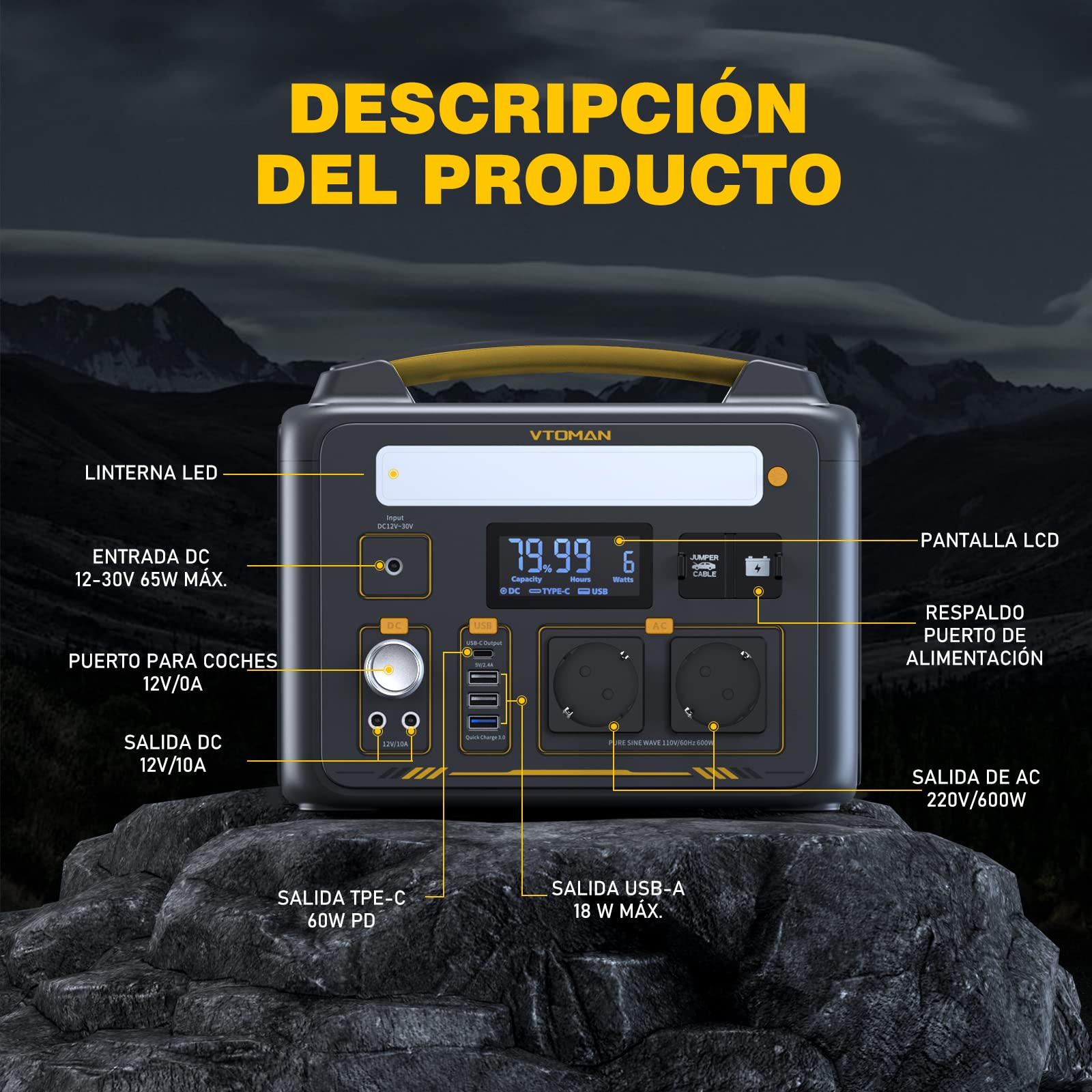 VTOMAN Jump 600X Estación de Energía Portátil, 600W/299Wh | Generador Solar, LiFePO4 Batería, 2 Salidas CC Ajustar de 12V/10A, Capacidad Ampliable a 939Wh, Acampada, Autocaravana, Pesca
