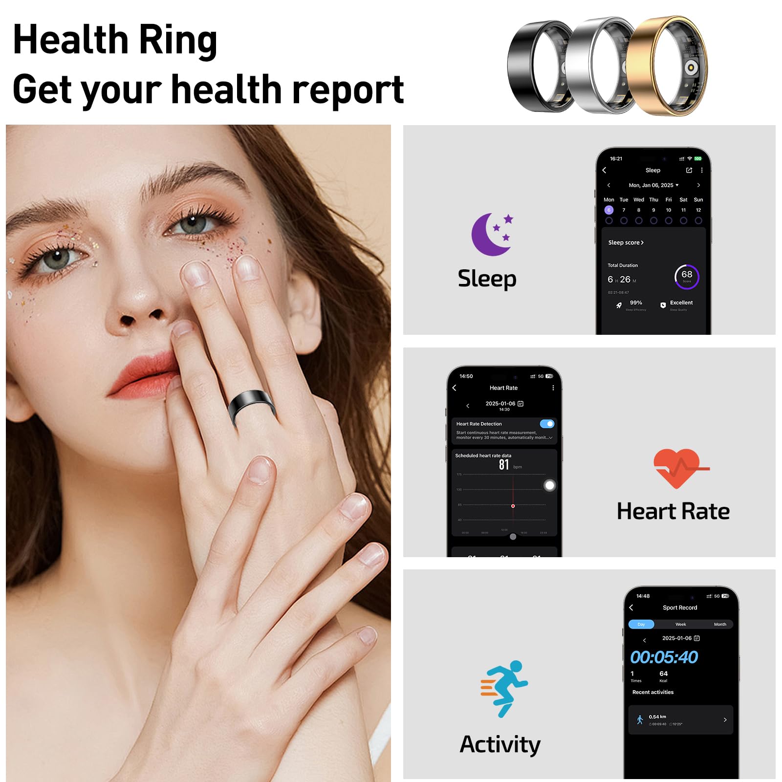 Bague de santé intelligente pour homme et femme avec fréquence cardiaque, oxygène dans le sang, surveillance du sommeil, comptage des pas, étanchéité IP68 pour iPhone et Android, pas de frais