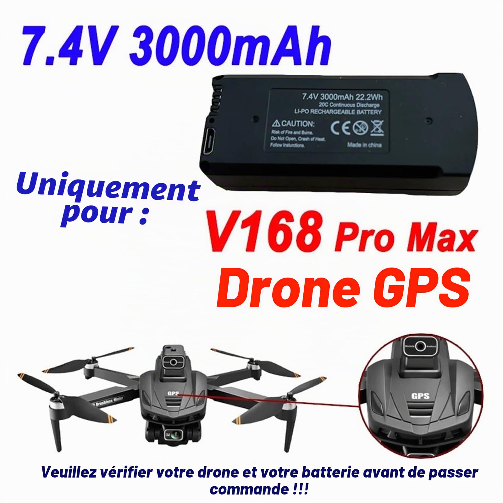 Batterie GPS V168 7,4 V 3000 mAh, compatible avec le drone V168Pro Max, sans GPS Batterie 3,7 V 2000 mAh, compatible avec les accessoires du quadricoptère RC V168Pro(V168 GPS 7.4V 3000mAh 1pcs)