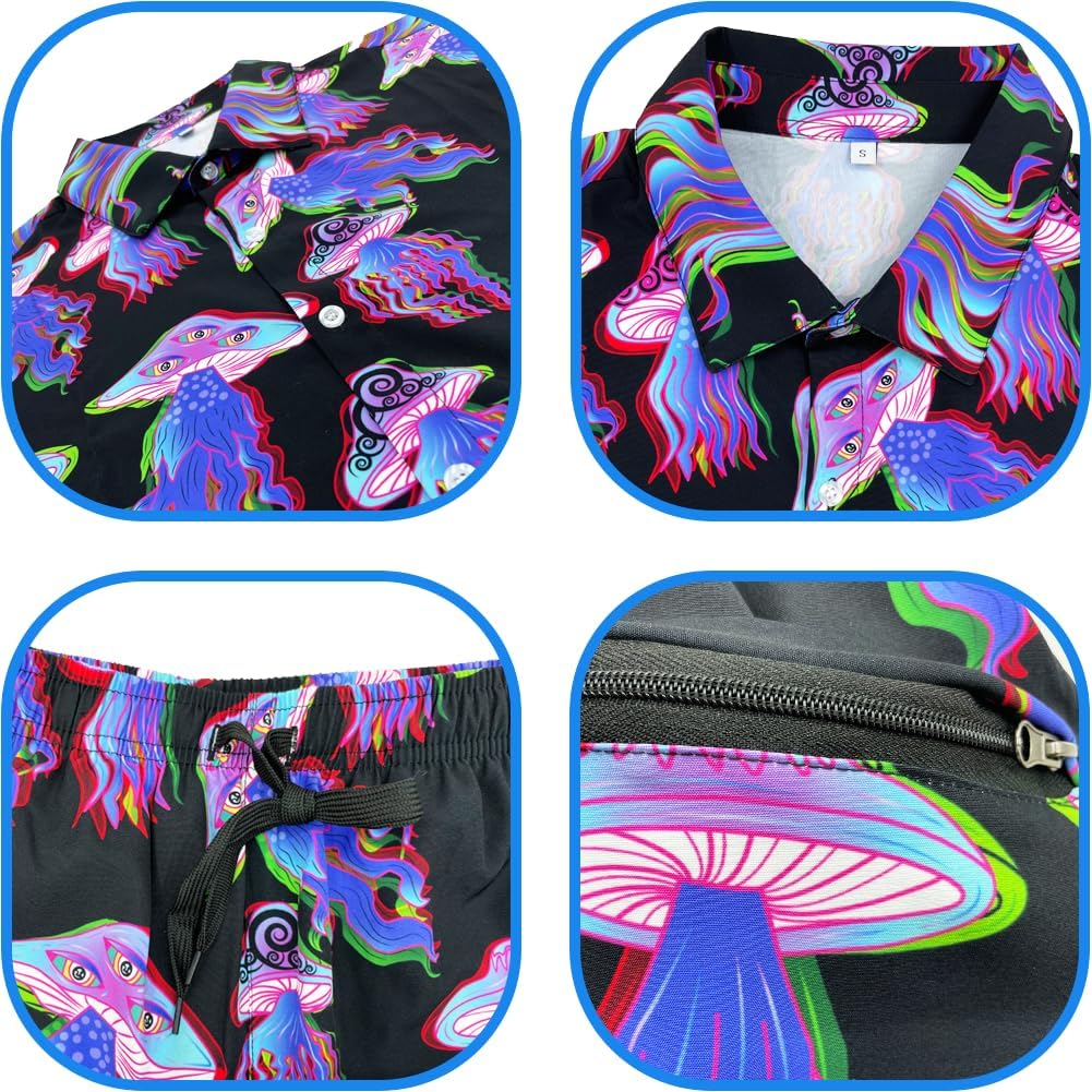 Mens 2 Piece Tracksuit Hawaiian Button Down Shirt and Compression Liner Shorts Sets with Bucket Hats - Image 3