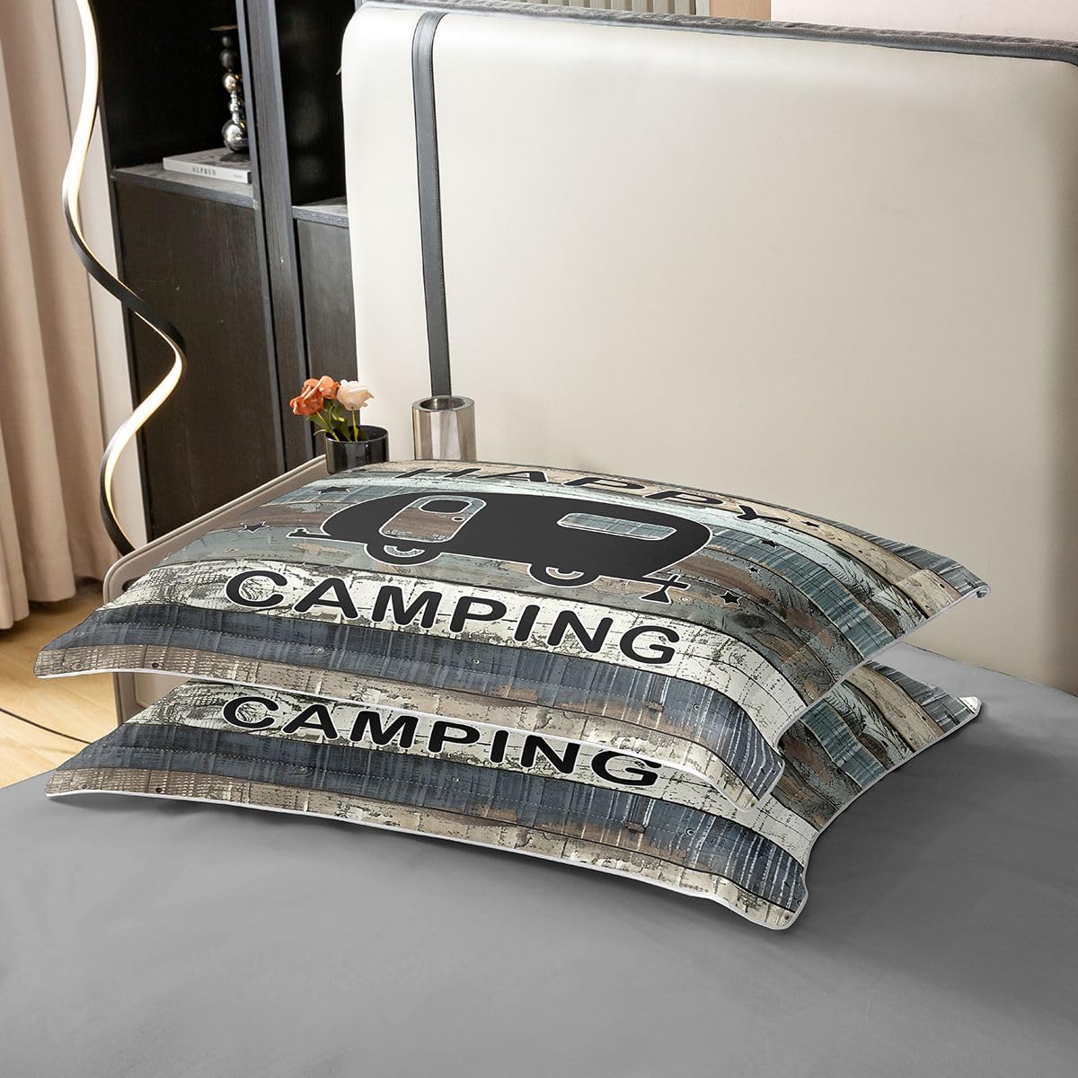 Homewish Happy Camping podwójna pościel zestaw czarny kamper bawełna poszewka na kołdrę vintage drewniane deski poszewka na kołdrę rustykalne zestawy łóżek wiejskich