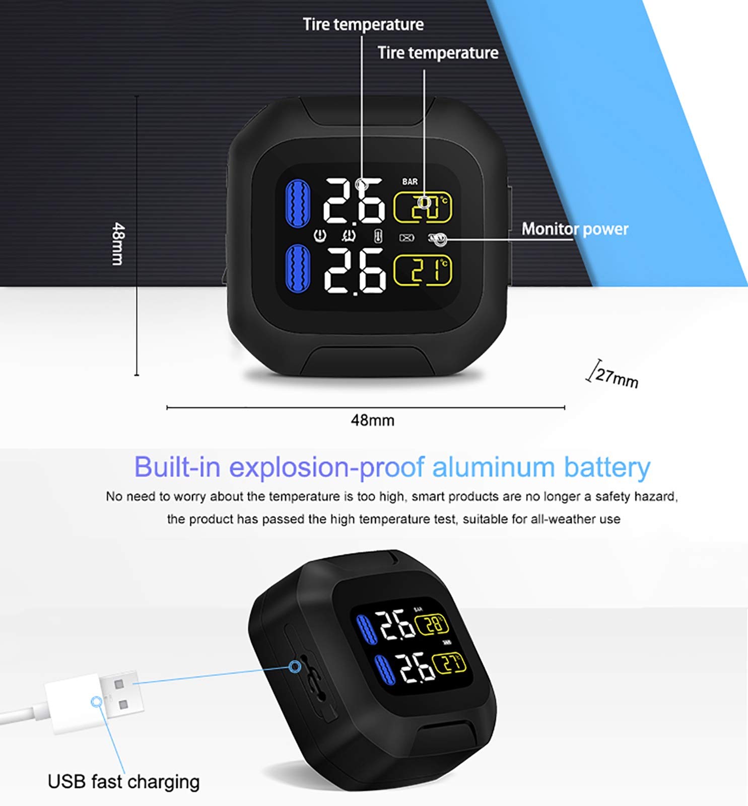 Sistema di monitoraggio della Pressione dei Pneumatici per Moto TPMS Wireless TPMS, IP5K4K Kit da monitoraggio in Tempo Reale Impermeabile IP5K4K 4,5 "con 2 sensore (Color : WI1)