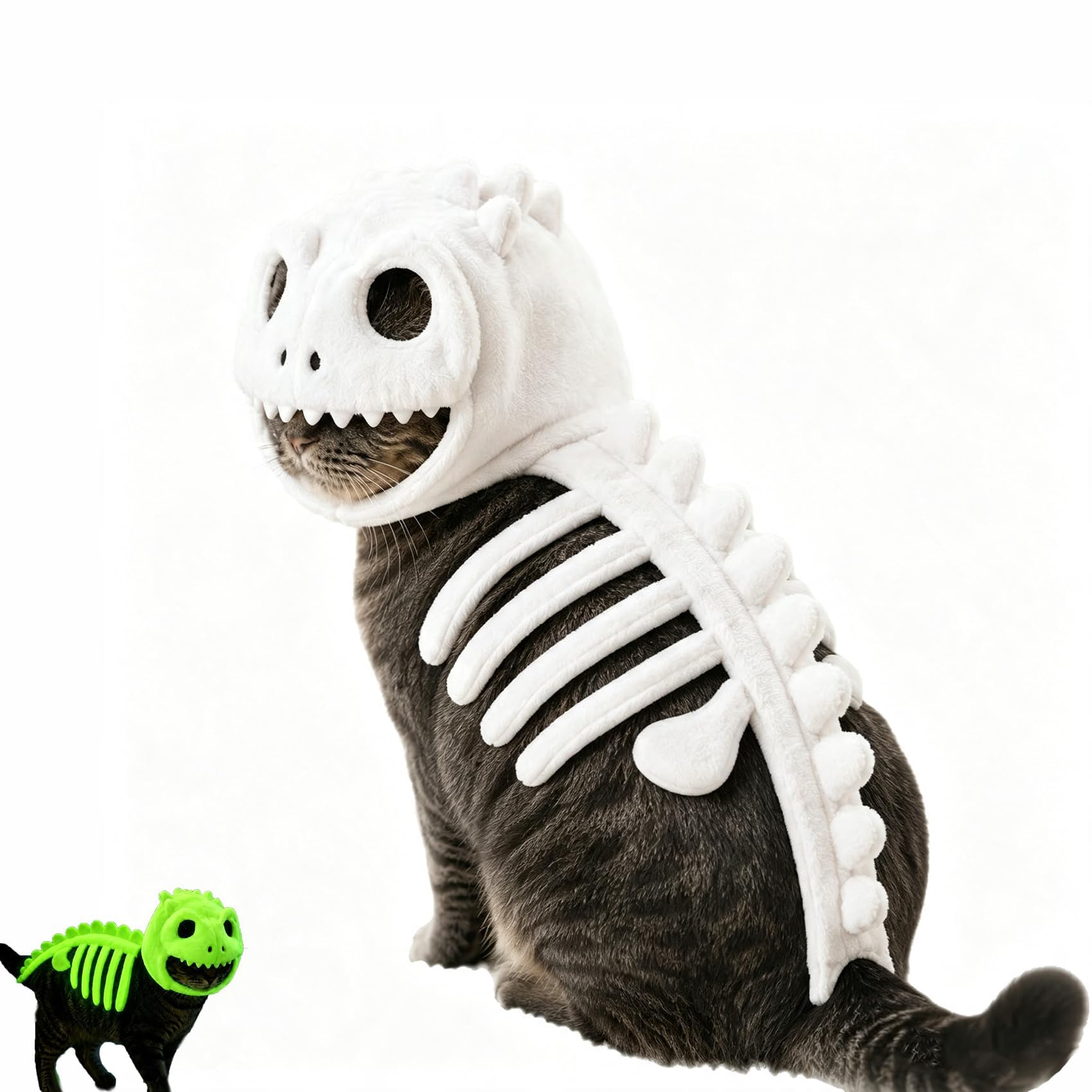Kostium kota ze szkieletem dinozaura, świecący w ciemności, miękki pluszowy strój na Halloween, kostium dla zwierząt domowych, przebranie cosplay, motyw Halloween, zabawny wzór dinozaura