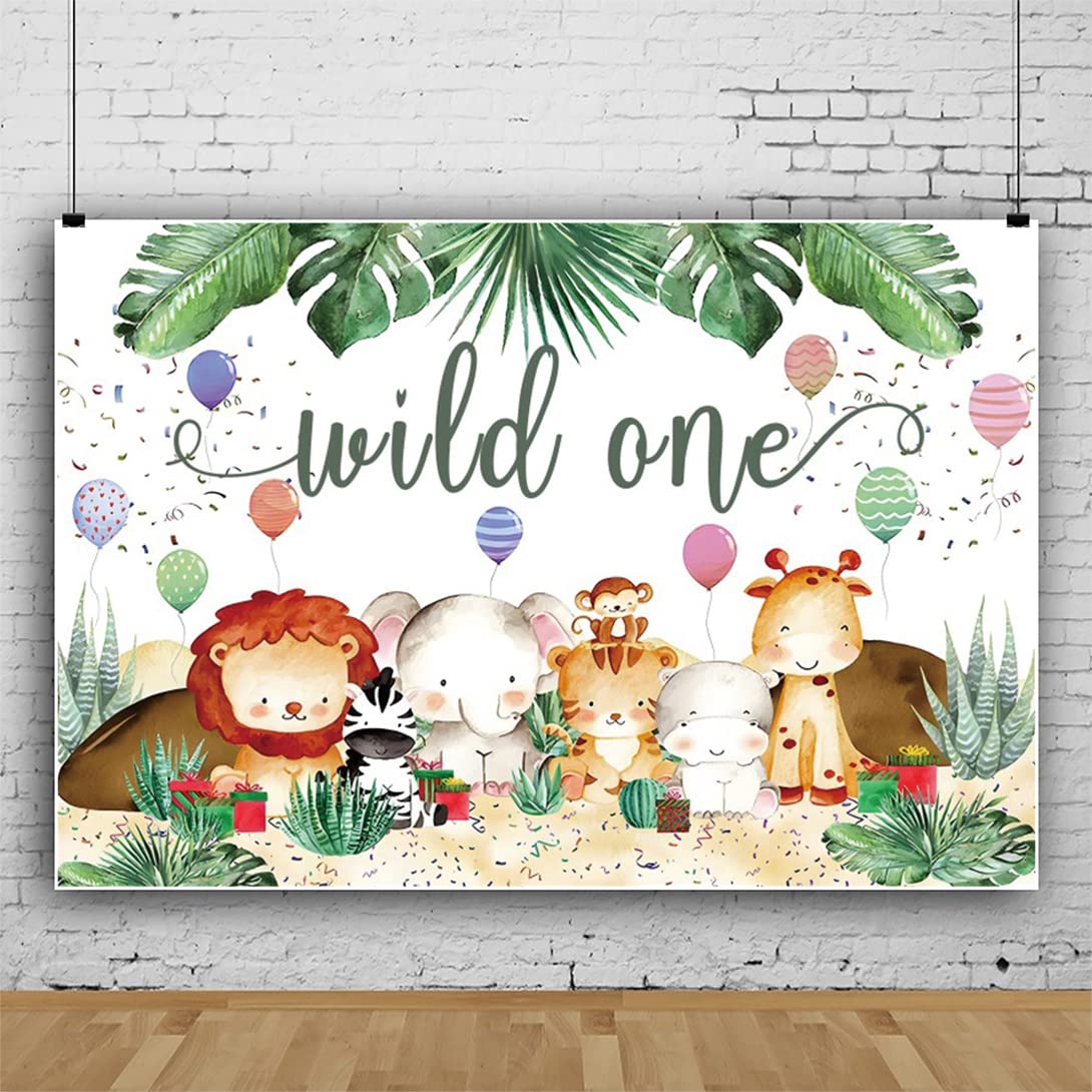 Bovlleetd 5x3ft 1st Birthday Backdrop Jungle Animals Tropical Plants Safari Photography Background Cartoon Lion Elephant Hippo Background Decorations for Boys Baby Baptist Banner โ image 1