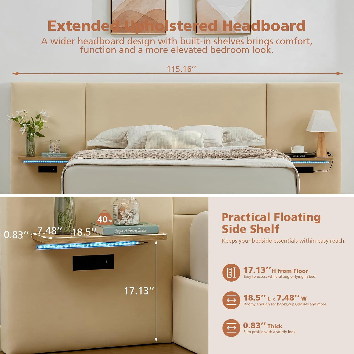 VELOCAVA Queen Size Lift Up Storage Bed Frame with Extended Upholstered Headboard, Floating Side Shelves, LED Lighting, Charging Station, Hydraulic Lift, No Box Spring Needed, Cream