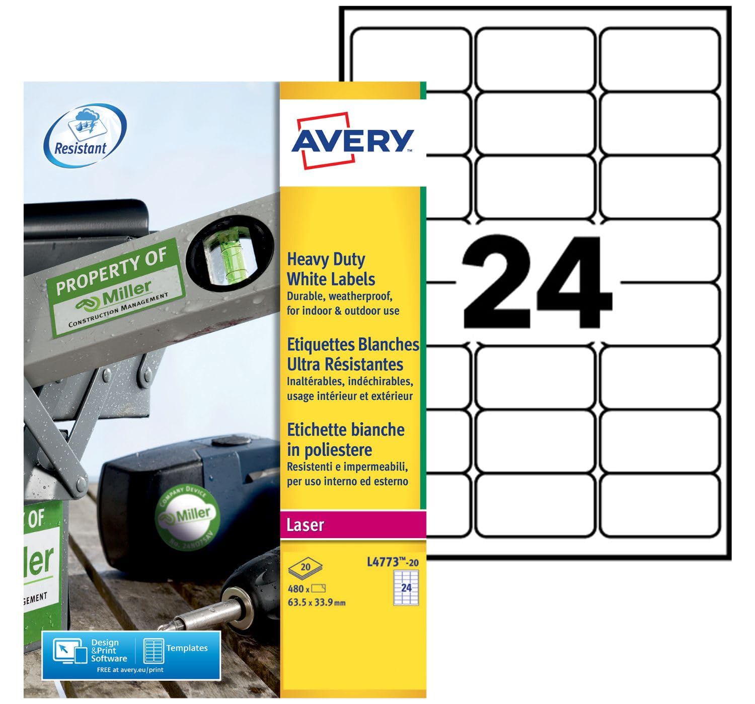 Avery Etiquettes ultra-résistantes blanches laser, 63,5 x 33,9 mm