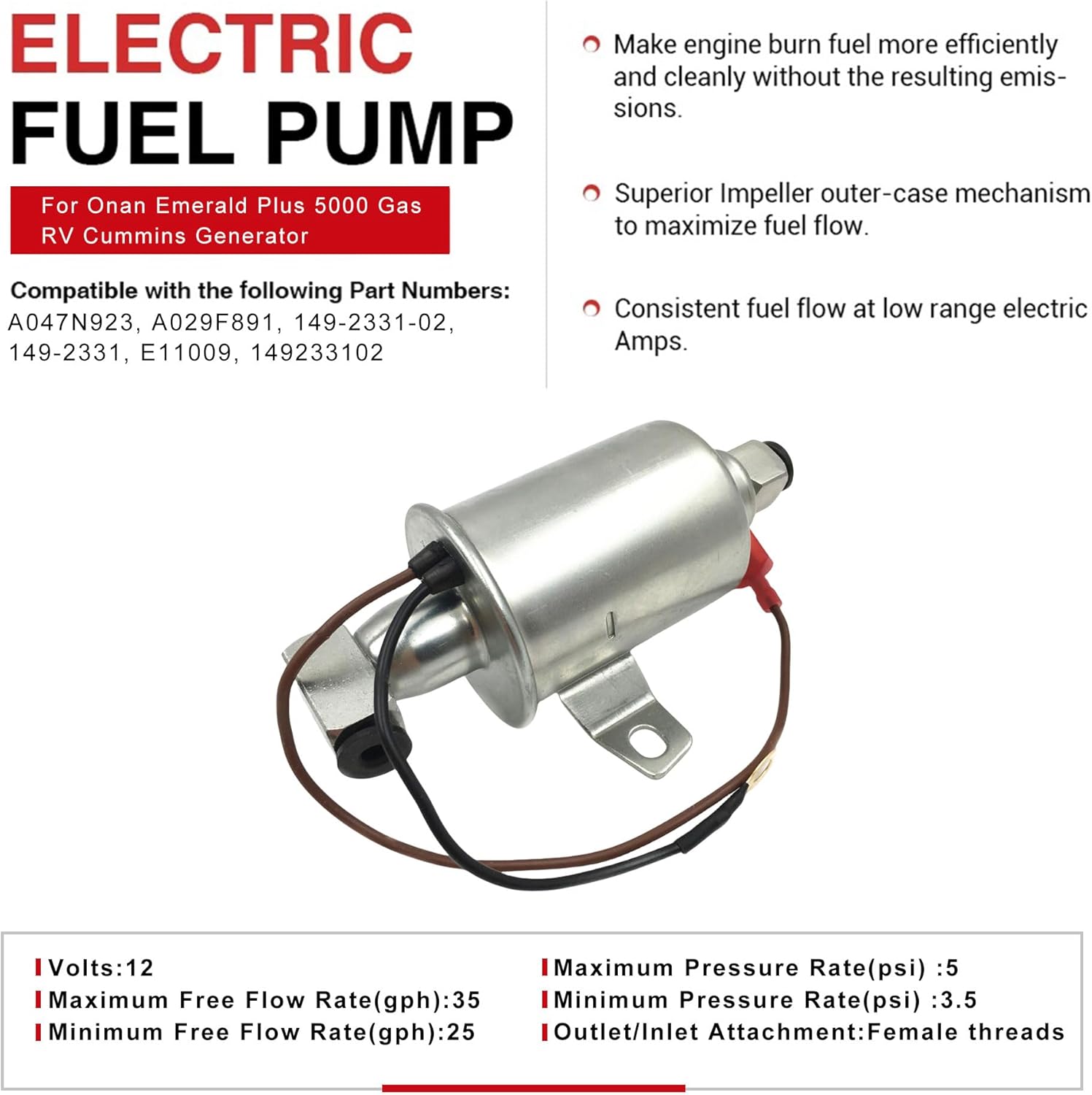 12V Fuel Pump(2.5~4 PSI) for Onan Emerald Plus 5000 Gas RV Cummins Generator Replaces E11009 A047N923 1492331 A029F891 A064S971 A029F891