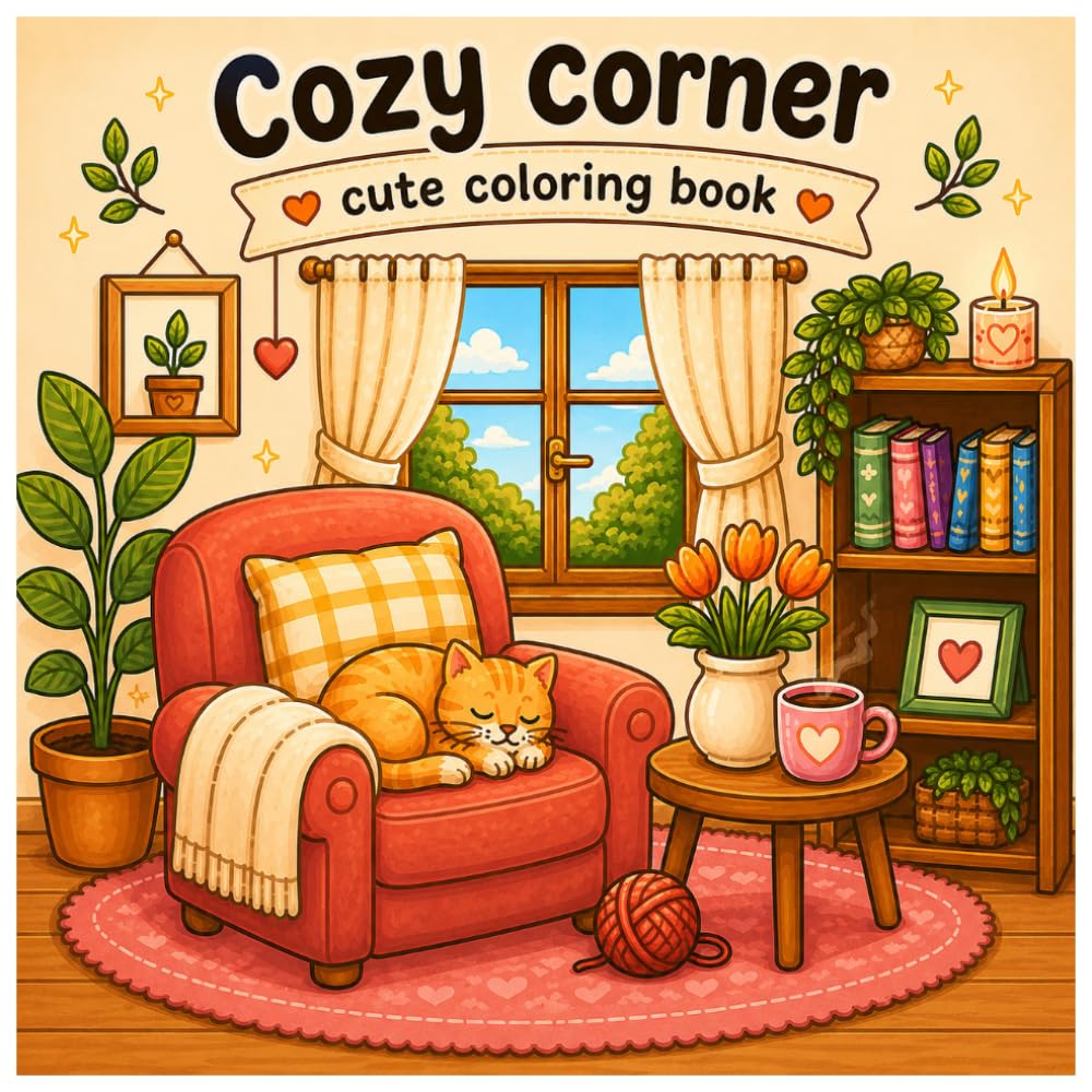 Cozy Corner bold and easy Coloring Book for Adults and Kids: Cute and Comfy designs with Cozy & Hygge Rooms, Cute Animal Characters, Café Corners, ... Scenes and more, simple and easy drawings.