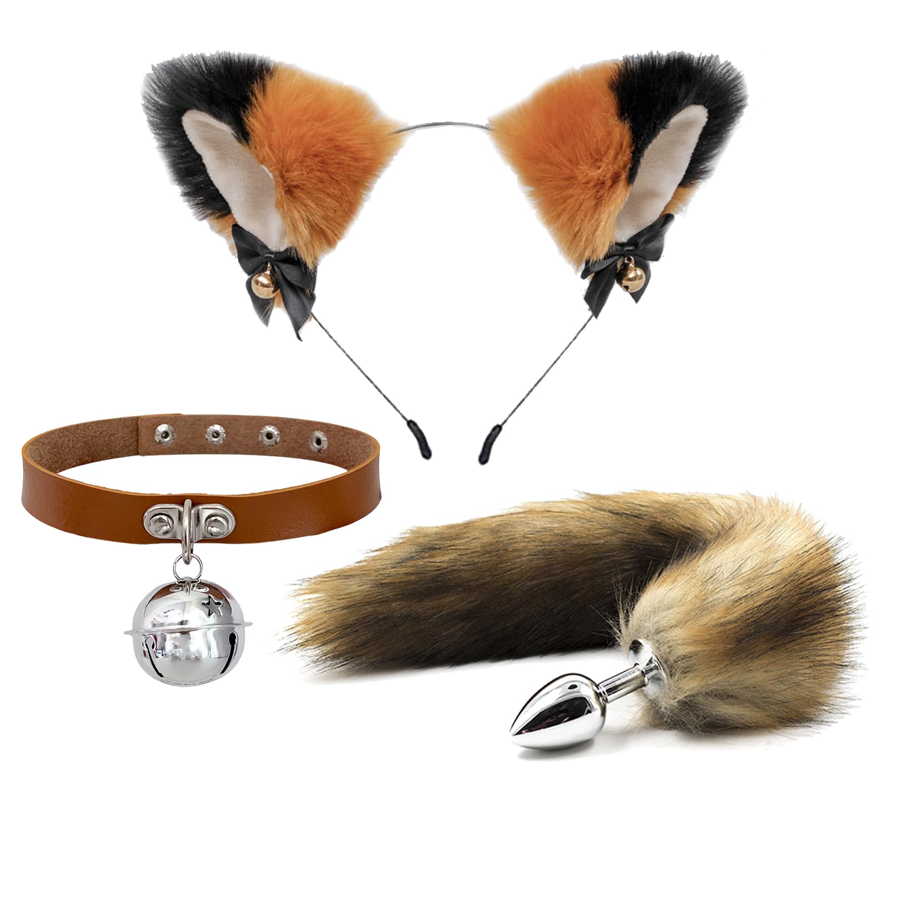 Brown Cat Ears Wolf Fox Animal Anal Tail Leather Neck Chocker Set Anime Cosplay Costume Faux Fur Hair Clip Headdress Party 3P