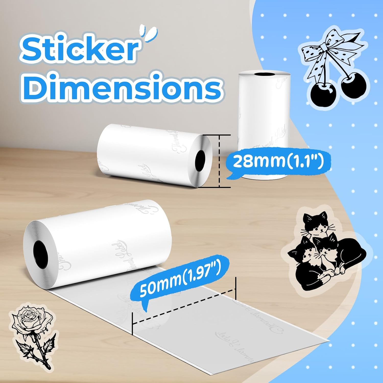 Phomemo Semitransparent Self-Adhesive Thermal Paper, Glossy Printable Sticker Paper Label for Phomemo M02/M02 Pro/M02S/P2S/M03/M04S Mini Sticker Printer, 50mm x 3.5m, Diameter 28mm, 3-Rolls