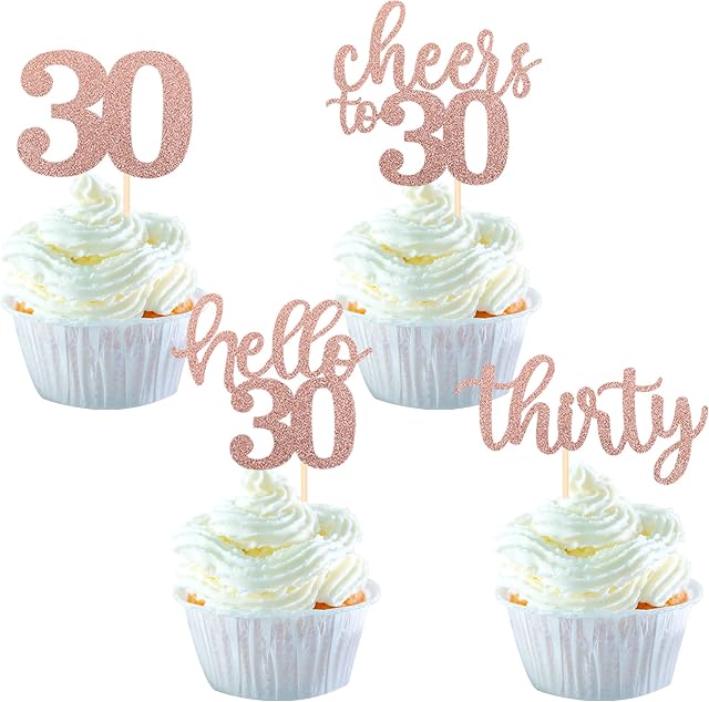 SYKYCTCY 36Pack 30th Birthday Cupcake Toppers Glitter Cheers to 30 Cake Toppers Hello 30 Thirty Cupcake Picks for 30th Birthday Anniversary Party Cake Decoratons Supplies Rose Gold
