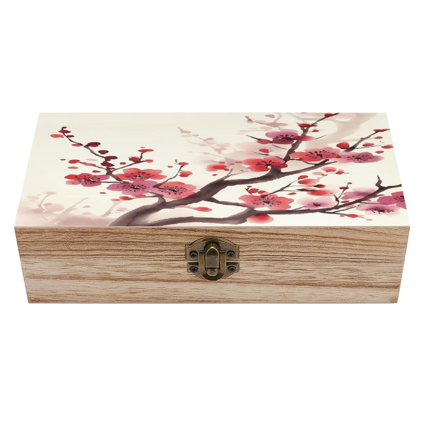 VstaDank Japanese Spring Plum Floral Wooden Keepsake Box with Hinged Lid Solid Wood Gift Boxes Beautifully Keepsake Box Jewellery Organiser Retro Memory Treasure Case with Lids Decorative Boxes