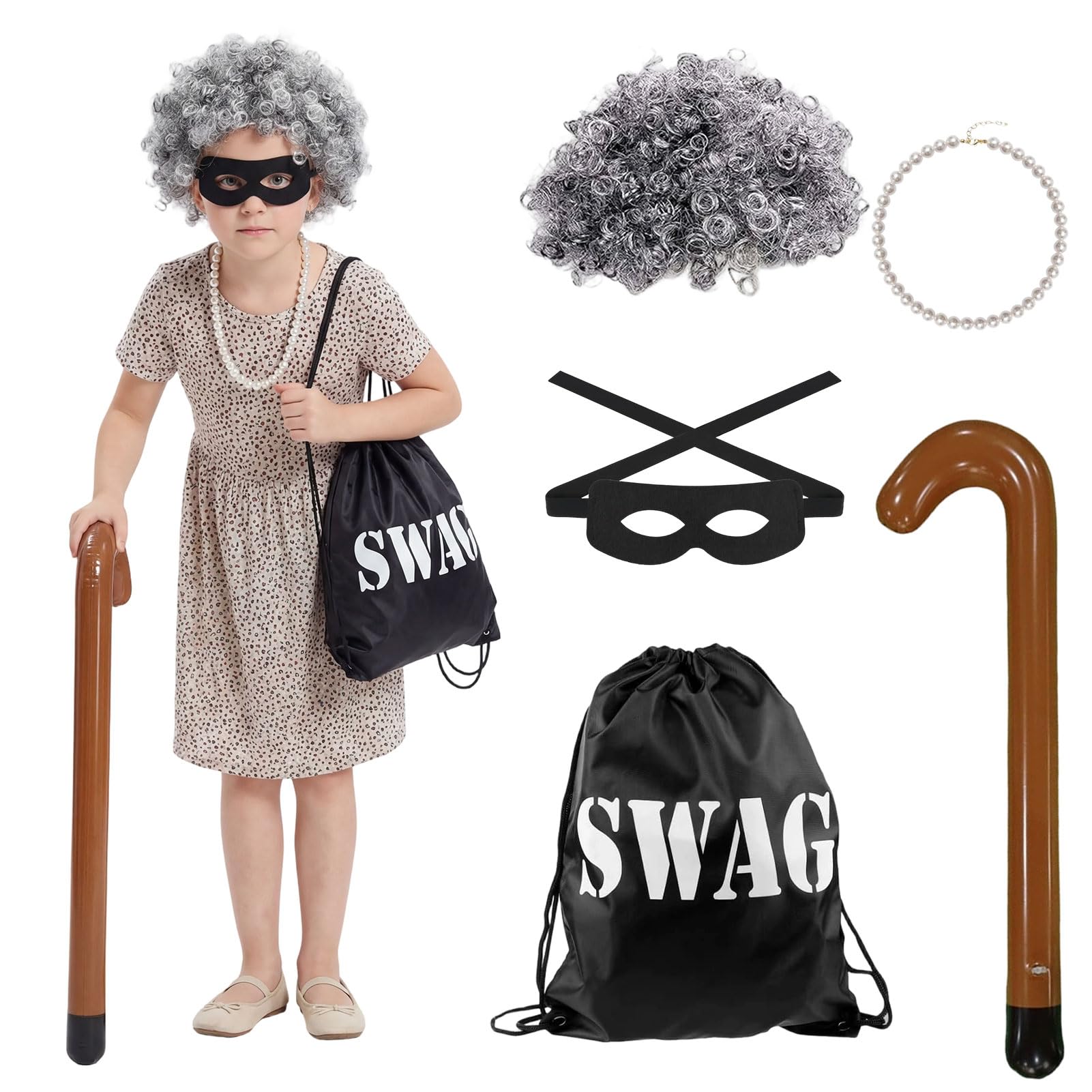 Crittygo Old Lady Costume Set, Grandma Fancy Dress Kit with Granny Wigs Walking Stick Necklaces, Old Lady Accessories for Halloween World Book Day