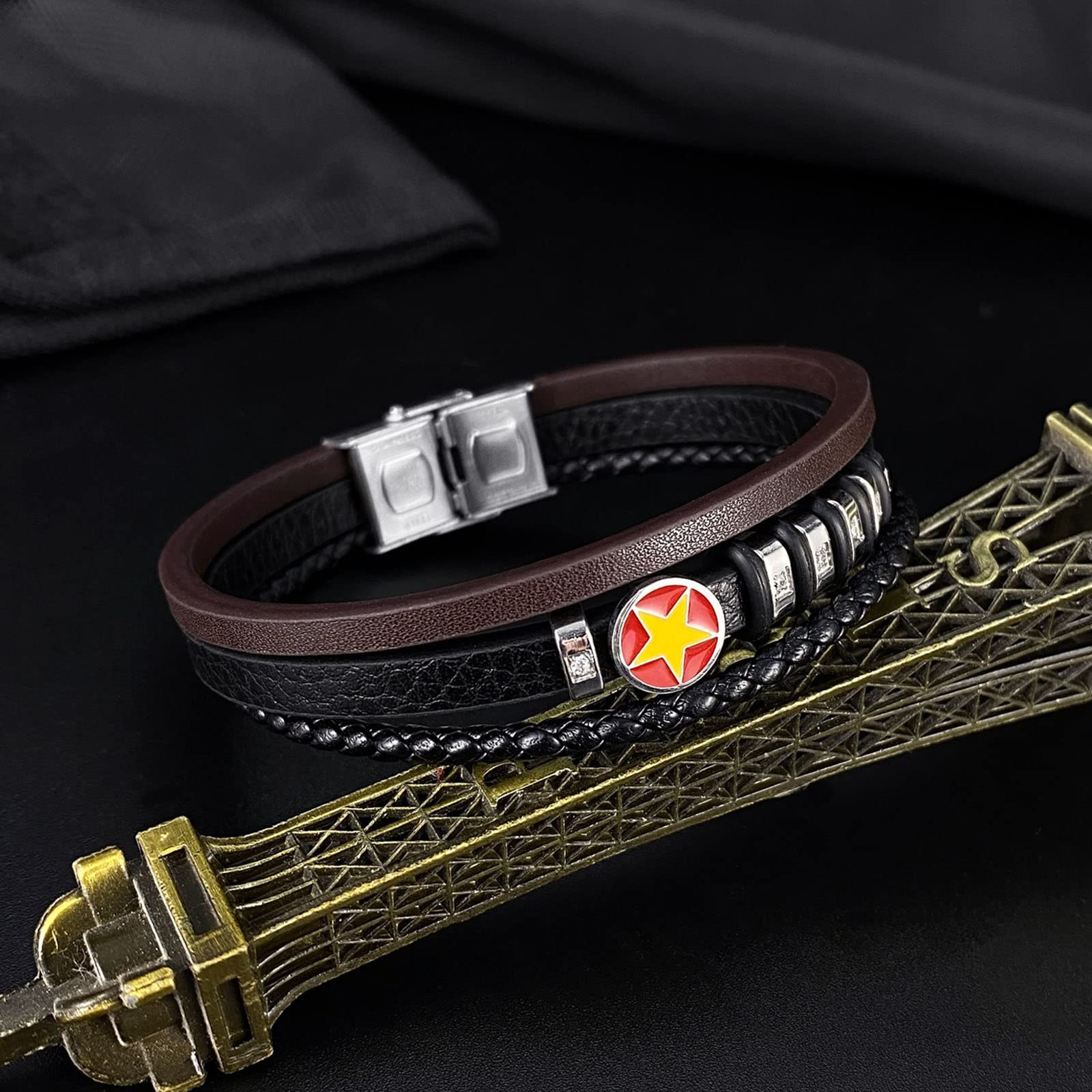 Pulsera de Hombre Pulsera de Cuero Pulsera de Acero Inoxidable Pulsera Trenzada Multicapa Trenzado Moda Circón Amarillo Pentagrama