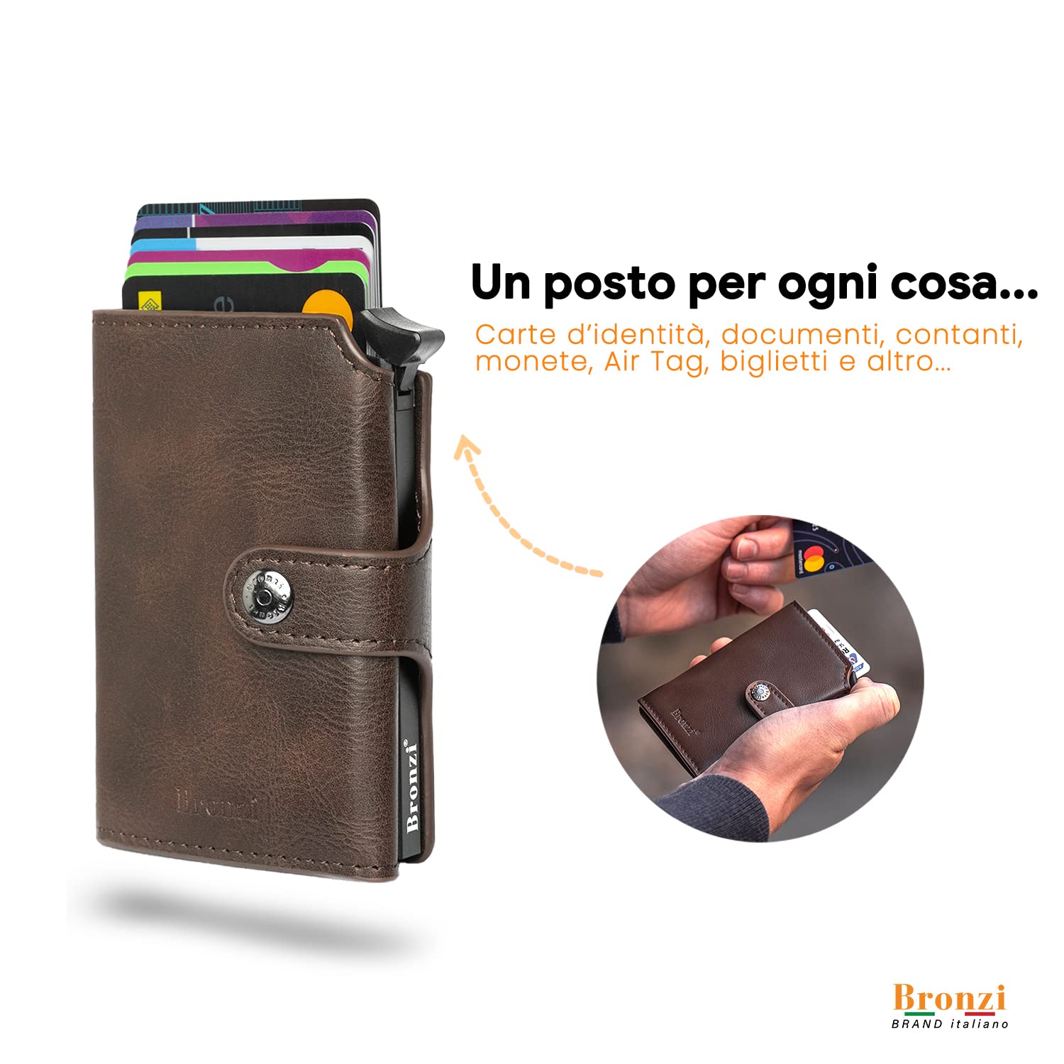 Bronzi Portafoglio Portafoglio Uomo Slim - In Pelle Marrone - Porta Carte Credito - Portacarte uomo - Mini Porta Tessere (Marrone)