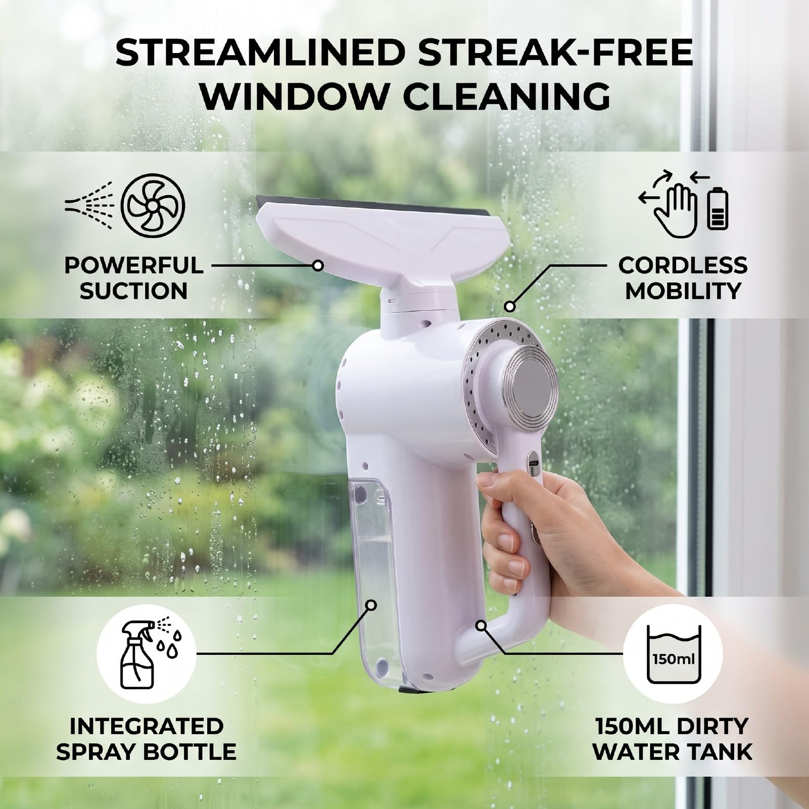 Generic Limpiacristales Eléctrico Inalámbrico con Sistemas de Succión | con botella pulverizadora y succión de 2 engranajes, recargable 2600 mAh para espejos de puertas de ducha de vidrio