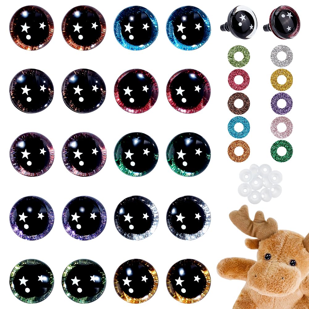 PH PandaHall 30 Pairs18mm Star Safety Eyes for Crocheting 10 Colors 3D Glitter Craft Eyes Resin Crochet Eye with Washers Plastic Amigurumi Eye for Crochet Teddy Bear Plush Stuffed Animals Puppets