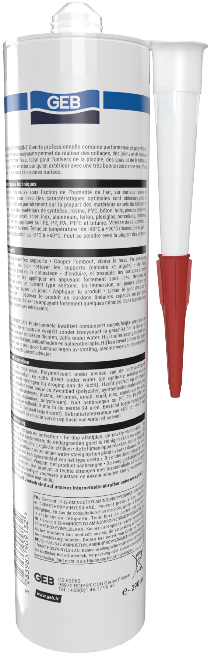 GEB Mastic étanche spécial piscine Bleu 290 ml pour coller, jointoyer et réparer même sous l'eau des éléments de piscine, carrelage, mosaïque, margelle, projecteur, bonde