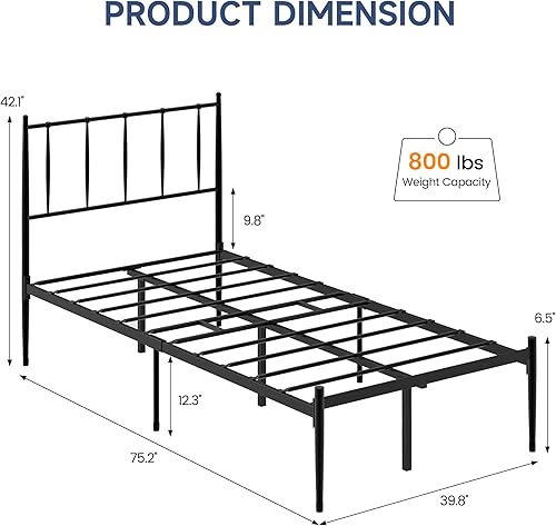 Miniatura 2 de IDEALHOUSE Base de cama individual con cabecero, marcos de cama individual de 14 pulgadas con plataforma de metal, base de colchón de listones de