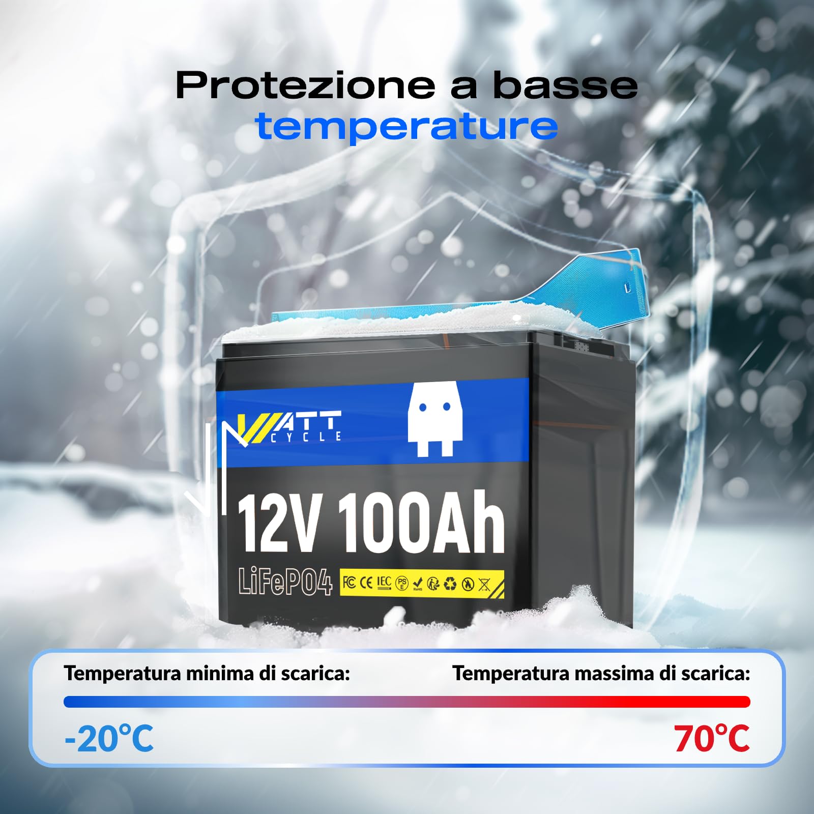 Wattcycle Batteria litio 12V 100Ah LiFePO4, BMS 100A e Protezione Bassa Temperatura, Potenza 1280W, 8000-15000 Cicli, per Camper, Sistema Solare, Off-grid