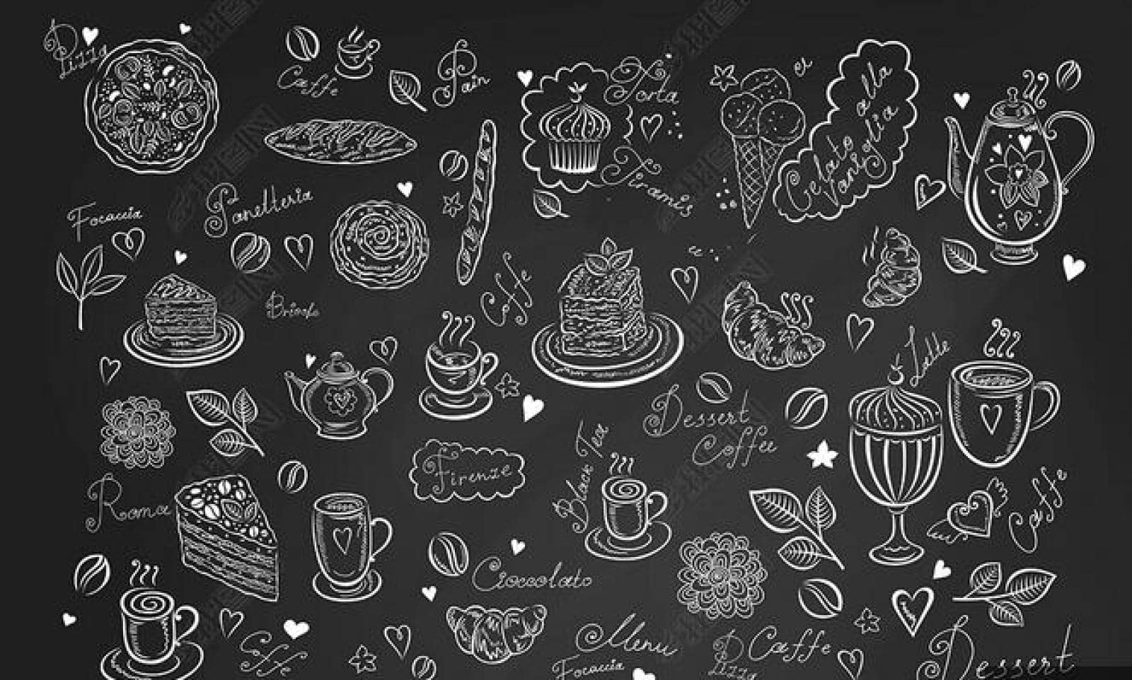 Papel Tapiz 3D Pared De Fondo De Postre Dibujado A Mano De Pizarra-300Cmx210Cm