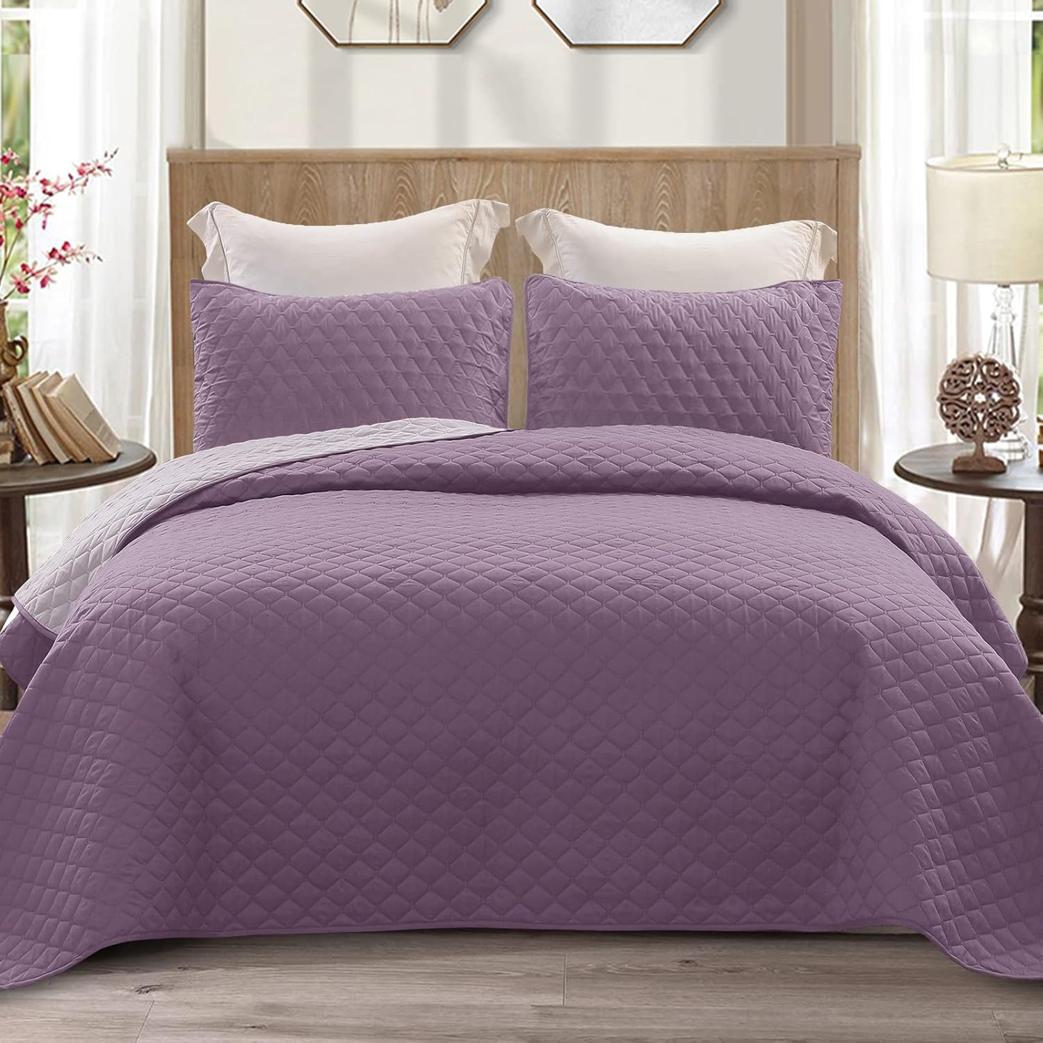 Exclusivo Mezcla Reversible Twin Quilt Bedding Set with Pillow Sham, Lightweight Quilts Twin Size, Soft Bedspreads Bed Coverlets for All Seasons - (Dusty Lavender, 68"x88")