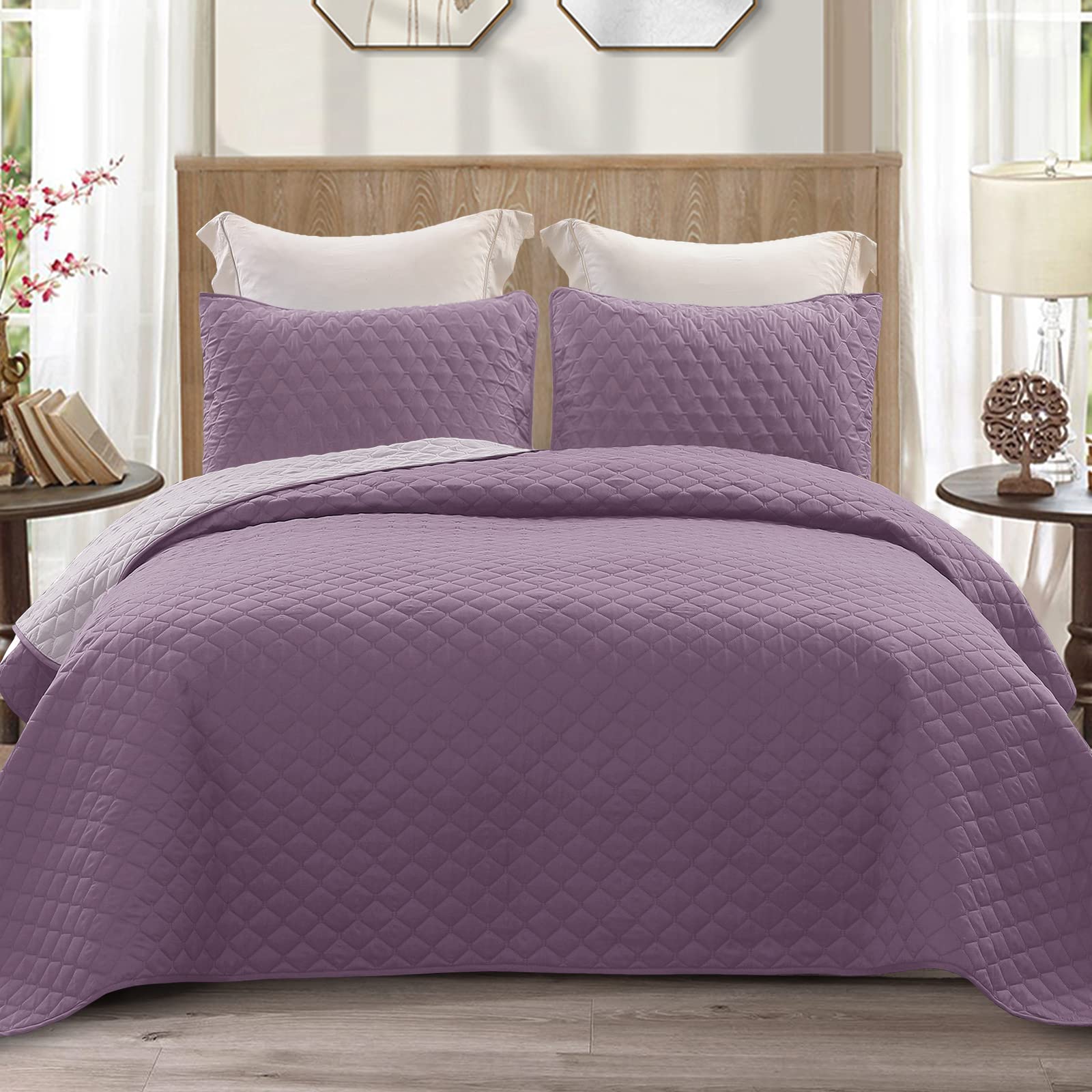 Exclusivo Mezcla Ultrasonic Reversible 3 Piece Queen Size Quilt Set with Pillow Shams, Lightweight Bedspread/Coverlet/Bed Cover - (Dusty Lavender, 92"x88")
