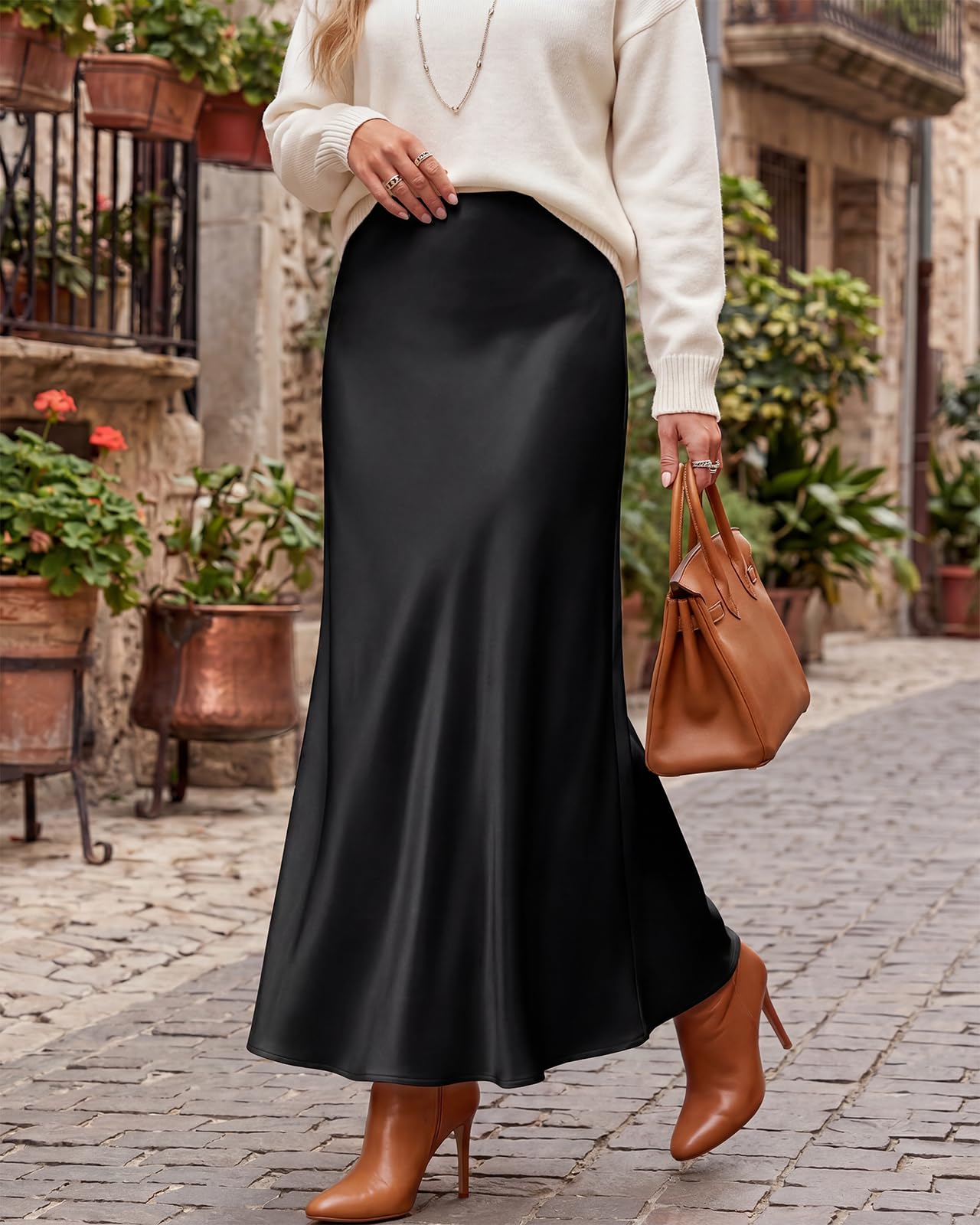 Condition photo showing New/Like New for beige outoshe women's satin high waisted maxi skirts hidden elasticized waistband a line long skirt