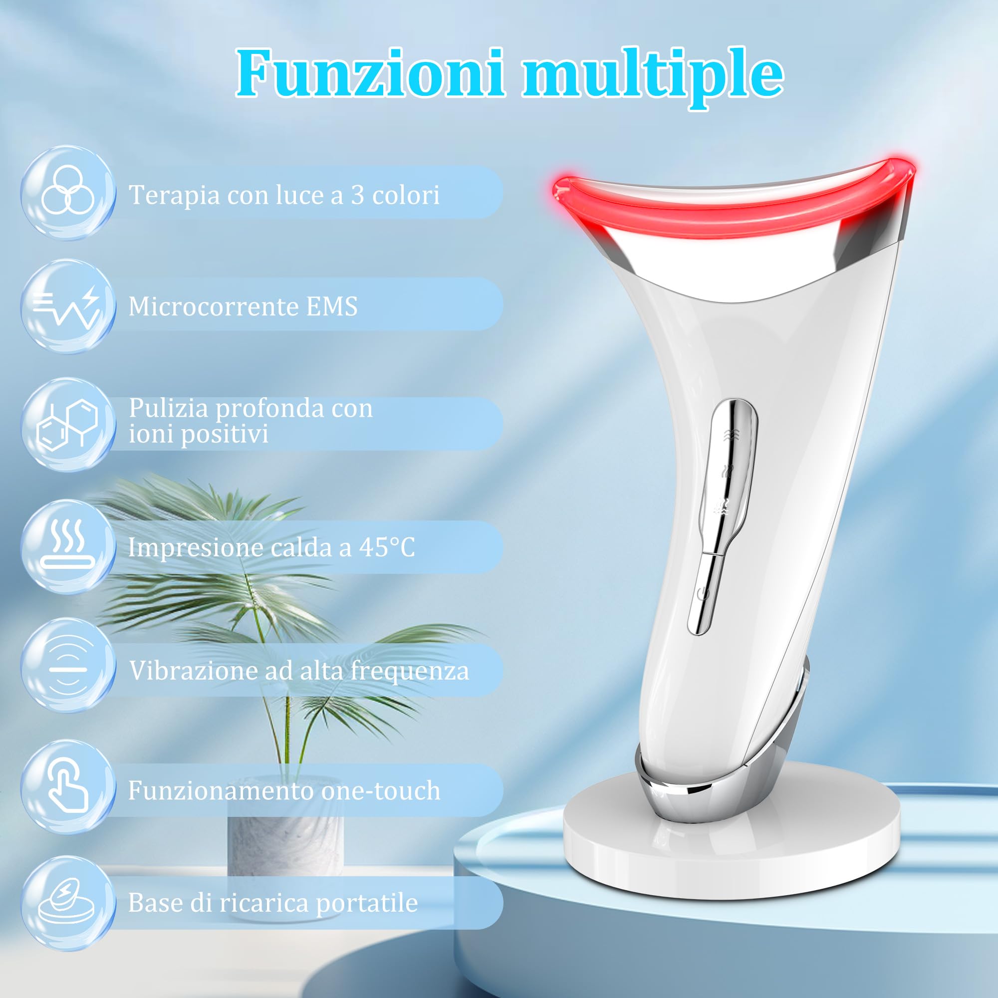 Massaggiatore Viso Antirughe, Dispositivo di Bellezza con 45 ℃ EMS per Lifting e Rassodamento Viso e Collo, Gua Sha Elettrico con 3 Modi LED Terapia Della Luce