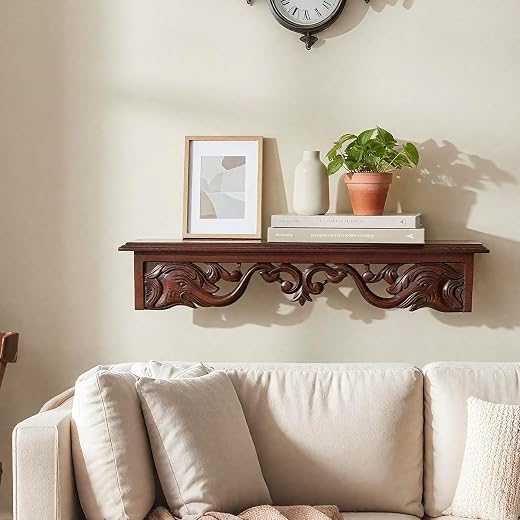 woodsome™ Handcrafted Wooden Wall Bracket Shelf | Decorative Solid Wood Wall Mount Shelf for Living Room, Bedroom, Mandir...